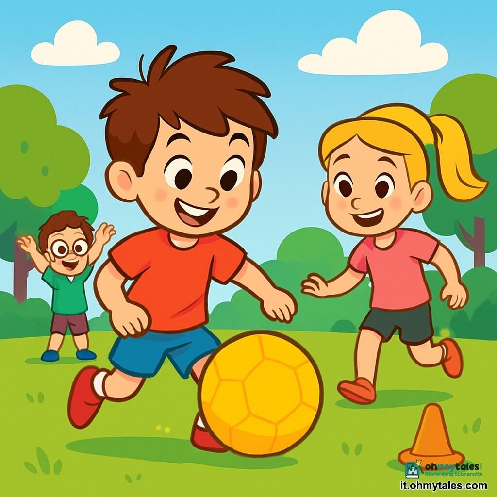 Un giovane ragazzo di nome Leo, di circa 10 anni, con capelli castani disordinati e occhi brillanti di gioia, sta dribblando una grande palla da calcio gialla su un campo verde. Indossa una maglietta rossa e pantaloni corti blu, e il suo viso esprime un'entusiastica concentrazione. Accanto a lui c'è una ragazza di nome Marta, anch'essa di 10 anni, con lunghi capelli biondi raccolti in una coda di cavallo, che sorride mentre corre per recuperare la palla. Indossa una maglietta rosa e pantaloni corti neri, ed è leggermente sullo sfondo, pronta a passare a Leo. Un altro ragazzo, Samuele, di 10 anni, con capelli castani e occhiali, si trova un po' più lontano, alzando le braccia per incoraggiare i suoi amici. Indossa una maglietta verde e pantaloni corti grigi. Il luogo è un parco soleggiato, con alberi verdi lussureggianti sullo sfondo, un cielo blu chiaro e alcune nuvole bianche. Il terreno è coperto di erba fresca e ci sono coni arancioni disposti attorno al campo. La scena principale mostra Leo in azione, dribblando la palla con energia, mentre Marta e Samuele lo incoraggiano, creando un'atmosfera gioiosa e dinamica di amicizia e gioco.