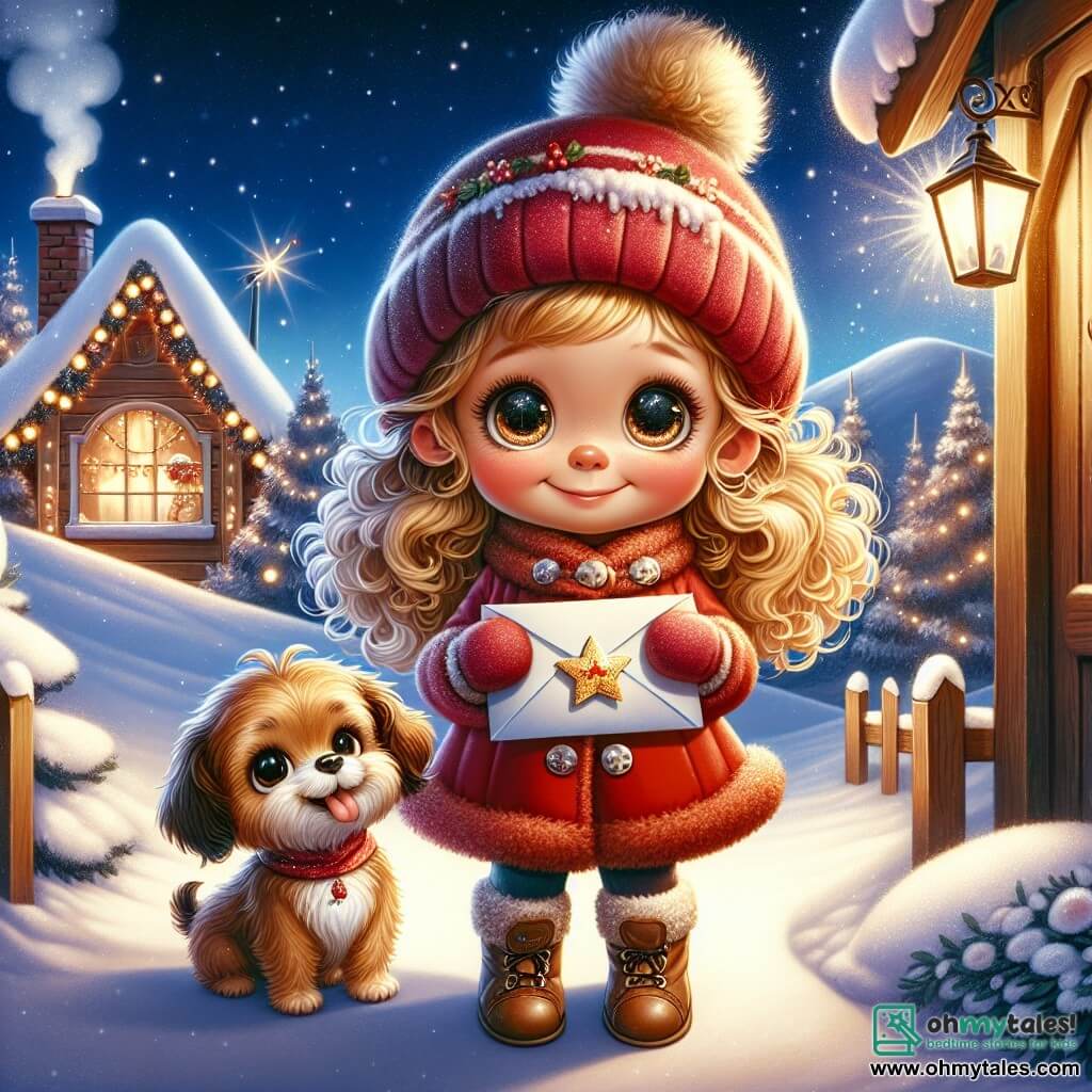 A 3-year-old girl named Lily, with sparkling big eyes and curly golden hair, stands in the center of the image, a radiant smile lighting up her face. She wears a bright red coat and a wool hat, holding a pretty envelope decorated with a shining star in her little hands, expressing great excitement. Next to her is a small dog named Pippin, an adorable brown curly-haired terrier, standing on his hind legs with his tongue out, as if ready to jump for joy. In the background, there is a snowy hill under a starry sky, with twinkling Christmas lights illuminating a small wooden house in the distance, from which smoke is rising from the chimney. The scene depicts Lily and Pippin in front of Santa's house, just after knocking on the door, eager to deliver Emily's letter, with snowflakes gently falling around them, creating a magical and festive atmosphere.