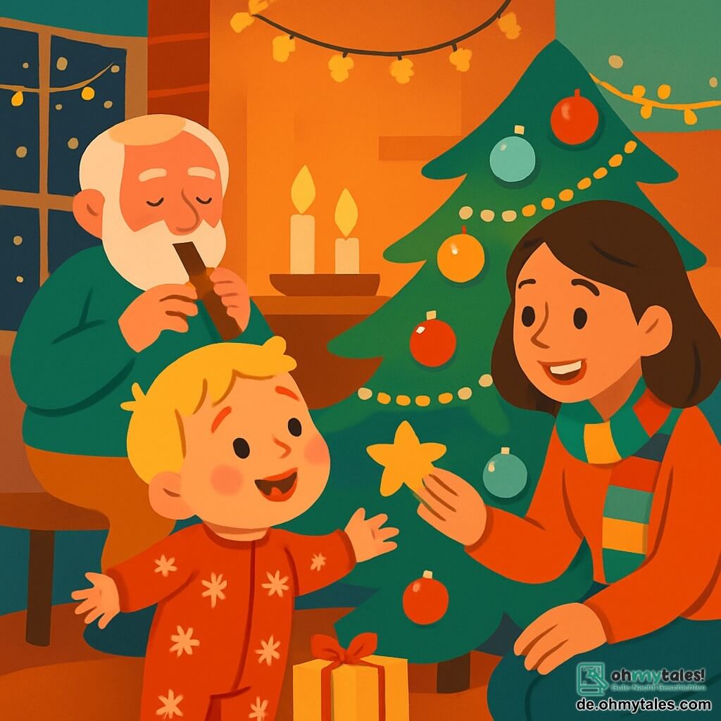 Ein kleiner Junge von 2 Jahren mit blonden Haaren und roten Wangen trägt einen roten Pyjama mit Schneeflockenmuster. Er hat ein großes, erstauntes Lächeln im Gesicht, während er einen beleuchteten Weihnachtsbaum betrachtet. Neben ihm beugt sich seine Mama, eine Frau in den Dreißigern mit braunen Haaren und einem bunten Schal, um ihm einen sternförmigen Keks zu geben. Sie ist fröhlich und lächelt, während sie nahe am Baum steht. In der Ecke spielt der Großvater, ein älterer Mann mit einem weißen Bart, sanft Flöte und schafft eine warme Atmosphäre. Der Raum ist gemütlich, dekoriert mit glitzernden Girlanden und Kerzen, die ein sanftes Licht verbreiten. Der Baum ist majestätisch, bedeckt mit bunten Kugeln und goldenen Girlanden, während draußen sanft Schneeflocken fallen. Die Hauptsituation zeigt den kleinen Jungen, der erstaunt die Dekorationen des Baumes entdeckt und freudige Momente mit seiner Mama und seinem Großvater teilt, wodurch eine festliche und warme Stimmung entsteht.