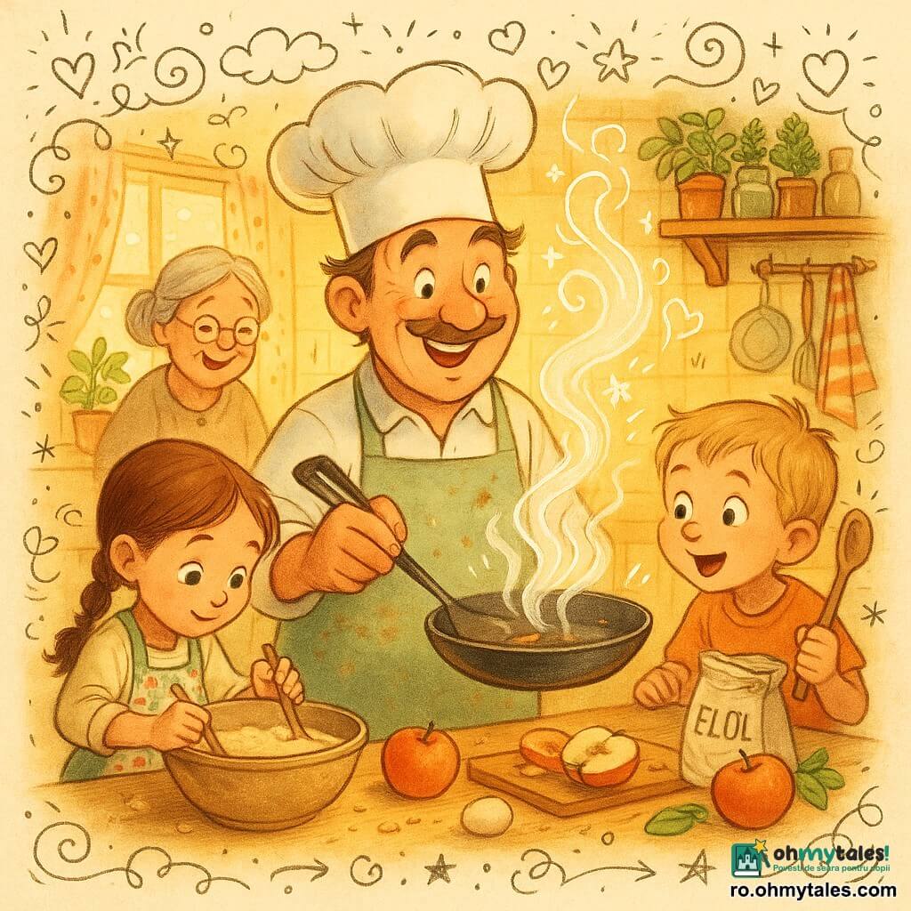 Un bucătar zâmbitor poartă o toque albă și un șorț, alături stă Mara, o fetiță de circa 8 ani, care amestecă aluatul, și Vlad, un băiețel de circa 5 ani, privind încântat, iar în fundal o bunică de aproximativ 70 de ani taie mere; o bucătărie caldă și colorată, cu lumină filtrată, unde toți gătesc împreună într-un moment vesel — aburi, firimituri și râsete plutesc în jurul unei mese încărcate cu fructe, făină și ustensile, cu doodle-uri cu inimi, stele și note muzicale suprapuse.