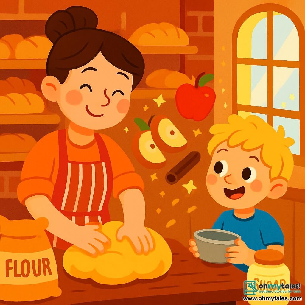 A smiling woman, Maya, stands in her bright little bakery, with her brown hair tied in a bun and wearing a striped apron. She has sparkling eyes and rosy cheeks as she kneads a golden dough on a wooden table. Next to her, a boy named Leo, about 8 years old with messy blonde hair and wearing a blue t-shirt, watches in awe. He holds a small metal bowl and smiles, ready to help. The bakery is warm, with red brick walls, shelves filled with golden bread, and windows letting in the morning light. Bags of flour and jars of sugar are arranged on the countertop, creating a welcoming atmosphere. Maya and Leo are working together to prepare delicious little apple pastries, with pieces of juicy apples and cinnamon wafting through the air.