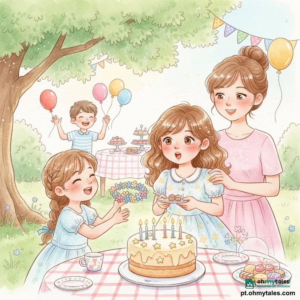 Uma menina de 8 anos, cabelos castanho-claros ondulados aos omros, olhos avelã e vestido floral pastel, sopra as velas de um grande bolo decorado com estrelas; sua amiga Luísa, também com cerca de 8 anos, cabelos em trança com fita azul, oferece uma coroa de flores ao lado dela; um menino de 9 anos segura um balão vermelho e ri perto da mesa de guloseimas; a mãe, de cabelo preso em coque, sorri e pousa a mão no ombro da filha; festa de aniversário ao ar livre num jardim ensolarado com árvore sombreada, bandeirolas coloridas, balões flutuantes e toalha xadrez, atmosfera festiva em tons pastel.