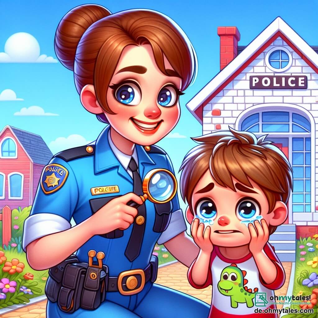 Eine lächelnde Polizistin, Paula, ist eine Frau in ihren Dreißigern, die eine leuchtend blaue Uniform mit einem schwarzen Gürtel trägt. Sie hat braune Haare zu einem Dutt gebunden und funkelnde, entschlossene Augen. Sie hockt sich und hält eine Lupe, mit einem konzentrierten und freundlichen Blick, bereit zu helfen. Neben ihr steht ein kleiner Junge namens Tim, 6 Jahre alt, mit zerzausten blonden Haaren und einem roten T-Shirt mit einem Dinosaurier-Motiv. Seine Augen sind voller Tränen, aber ein leichtes Lächeln beginnt zu erscheinen, während er Paula ansieht. Er hält ein kleines Stück seines T-Shirts, besorgt, aber voller Hoffnung. Die Szene spielt vor einer charmanten kleinen Polizeistation mit weißen Ziegelmauern und einer roten Tür. Bunte Blumen wachsen darum, und ein klarer blauer Himmel breitet sich über ihnen aus. Paula und Tim sind auf der Suche nach Bärli, Tims wertvollem Teddybär, der verschwunden ist. Paula benutzt ihre Lupe, um den Boden zu untersuchen, während Tim um sich schaut, auf der Suche nach seinem Plüschfreund, mit einem Ausdruck von Aufregung und Sorge.