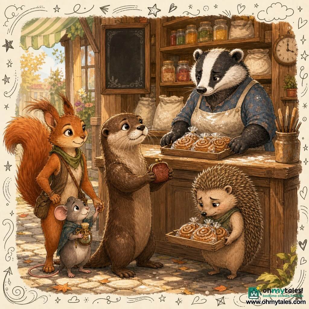 Pip, a young otter standing center with a honest, focused face, twitching whiskers and glossy brown fur, gently holds a small coin pouch of wax and looks at the shopkeeper with a proud, relieved expression; to his left Juniper, a slim squirrel with a bushy orange tail, bright mischievous eyes and a reassuring posture, lightly holds Nib’s paw and smiles protectively; Bram, a small round hedgehog with light brown quills, looks ashamed but relieved and holds a wooden tray of packaged cinnamon rolls beside Pip with his head slightly bowed; Nib, a frail gray mouse with round, relieved eyes, clutches a tiny potion wrapped in cloth against Juniper’s leg and looks to Mrs. Mallory with hope; Mrs. Mallory, a sturdy badger woman behind the polished wooden counter, wears a flour-stained apron and a stern but kind face, hands on the returned tray, standing before shelves of jars and flour sacks bathed in warm market-morning light; the corner store setting features shelves of colorful jars and packages, a chalk menu, a pot of brushes and a round clock, cobblestones and drifting leaves; the scene captures the return of stolen rolls and the handing over of funds for medicine — a moment of reconciliation blending embarrassment, gratitude and pride, centered composition, warm colors, wooden and flour textures, soft illustrative style with slightly sketched outlines and tiny doodles (hearts, stars, cinnamon crumbs).