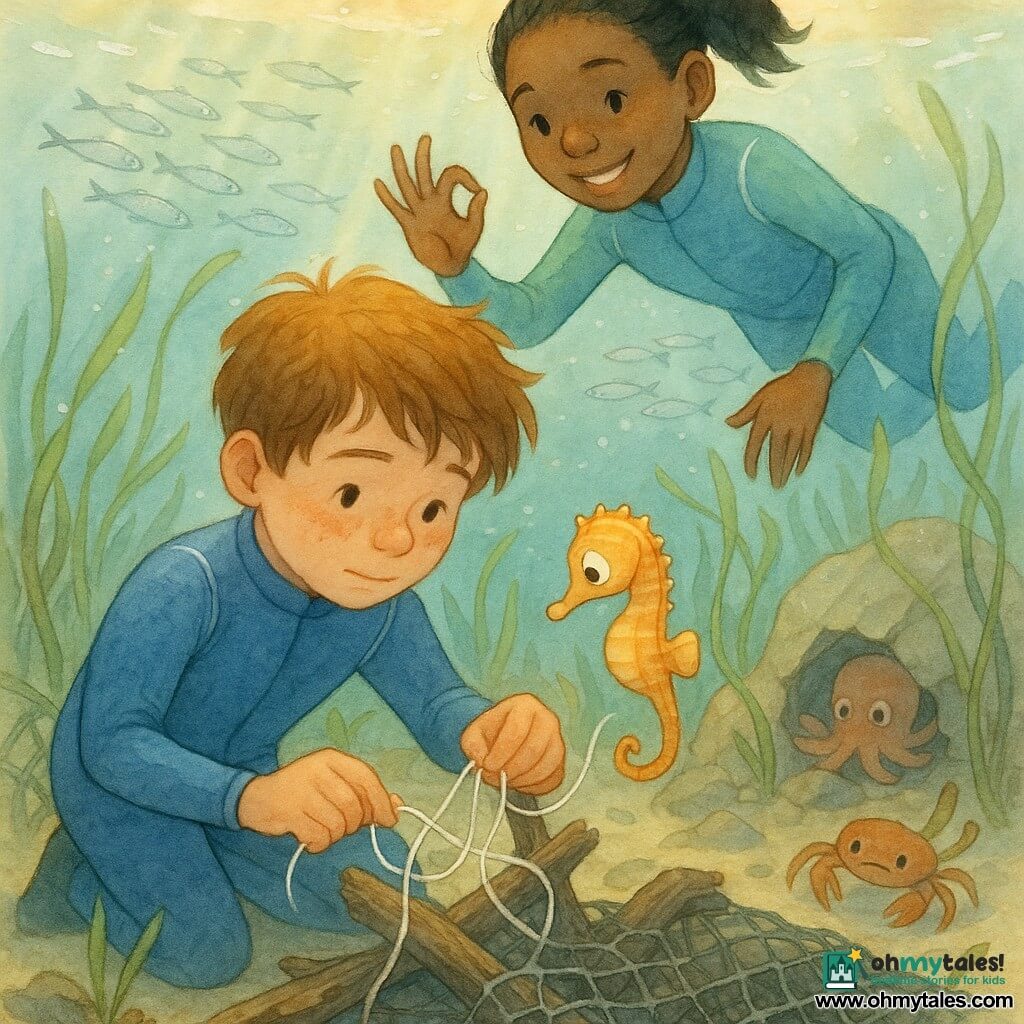 A 10-year-old boy with a round freckled face and tousled brown hair, wearing a blue wetsuit, concentrates gently as he untangles a fishing line underwater; his ~14-year-old sister with black hair in a ponytail and an encouraging smile, in a turquoise wetsuit, floats just above him signaling with her hand; a small yellow-orange seahorse with big curious eyes is wrapped around a knot near the boy’s hands; a school of silvery fish glints in the background, a shy octopus hides behind a crevice and a crab watches from the sand; shallow clear water with golden sunlight, waving green seagrass, driftwood and a partially buried dark gray net set a calm, careful, wonder-filled underwater rescue scene.