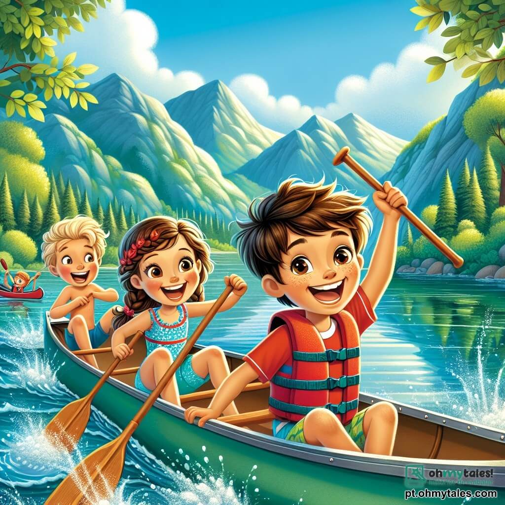 Um menino de 10 anos, Lucas, com cabelos castanhos bagunçados e olhos brilhantes de curiosidade, está sentado em uma canoa em um lago cintilante, rindo alegremente com seus amigos. Ele usa um maiô colorido e um colete salva-vidas vermelho, com os braços levantados em sinal de vitória enquanto segura um remo. Ao seu lado, Marina, uma menina de 9 anos com cabelos loiros trançados e um sorriso radiante, está remando com entusiasmo, seus olhos brilhando de felicidade. Um pouco mais adiante, João, um garoto de 10 anos com óculos e cabelos castanhos, ri alto enquanto tenta manter o equilíbrio na canoa, suas bochechas vermelhas de esforço. O lago é cercado por majestosas montanhas verdes, e o céu é de um azul vibrante, salpicado de algumas nuvens brancas e fofas. Árvores com folhas brilhantes se refletem na água calma, criando uma atmosfera mágica e de verão. A cena principal mostra Lucas e seus amigos em plena aventura, remando alegremente no lago, aproveitando o verão e a amizade, com risadas ecoando no ar fresco.