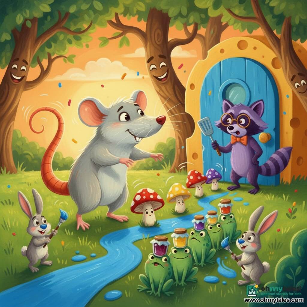 A brave little rat with a smiling, focused face, a bright orange plume tail, pancake-round ears and light gray fur stands on its hind legs guiding bouncing mushrooms with an outstretched paw, proud and determined with sparkling eyes; nearby a purple raccoon with round glasses and a crooked bow tie holds a spatula by a blue door shaped like a cheese slice, looking relieved; a row of green frogs balancing jam jars on their heads form a wobbly wall; two rabbits with blue-painted noses hold brushes and paint a vivid blue path—one left, one right; colorful mushrooms (red with white spots, yellow, purple) leap joyfully with motion lines; setting: sunny clearing behind the blue door, textured green grass, twisted trees, orange late-afternoon sky and paint flecks in the air; joyful, dynamic scene with saturated colors, thick acrylic texture, composition centered on the rat guiding the mushrooms along the blue path.