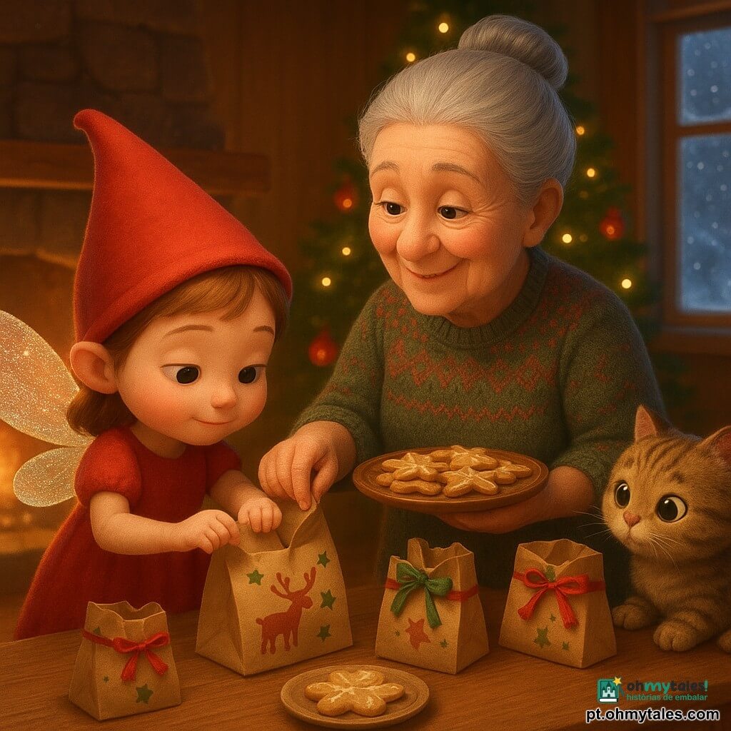 Pequena fada infantil como personagem principal, chapéu pontudo vermelho, asas brilhantes que parecem feitas de açúcar cintilante, rosto redondo e sorridente mas concentrado, ela dobra um saco de papel com gestos suaves; avó idosa de cabelo grisalho em coque, vestido de lã com padrões e sorriso terno, segura uma bandeja de biscoitos e mostra como alisar e dobrar o saco, em pé ao lado da mesa de madeira; gatinho Mingau, tigrado e peludo, fareja um saco na mesa sentado na beirada; mesa de madeira no centro com sacos de papel decorados com estrelas e renas, fitas verdes e vermelhas e alguns biscoitos quentes em um prato; lareira de pedra acesa ao fundo, árvore de Natal com luzes amarelas e bolas vermelhas, janela gelada mostrando a neve caindo; atmosfera calorosa em tons vermelhos, verdes e dourados, texturas suaves e brilho; situação principal: aprendizado paciente e alegre — a pequena fada tenta dobrar sacos enquanto a avó guia com delicadeza, alguns sacos ainda resistentes e outros perfeitamente fechados com fitas.