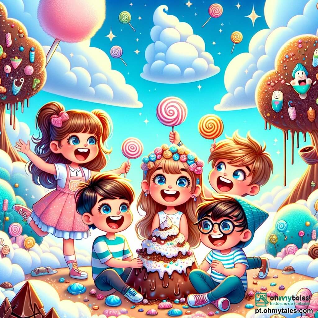 Em um mundo mágico cheio de nuvens de algodão e árvores de chocolate, quatro amigos estão reunidos. Lúcia, uma menina de 8 anos com longos cabelos castanhos e um sorriso radiante, está no centro, rindo alto. À sua direita, Pedro, um garoto de 9 anos com cabelos loiros bagunçados, faz caretas imitando um Caramelo Maluco. À esquerda, Sofia, uma menina de 7 anos com tranças e um vestido colorido, saboreia um galho de árvore de chocolate com olhos maravilhados. Por fim, Miguel, um garoto de 8 anos com óculos redondos e uma camiseta listrada, está sentado em um monte de marshmallows, rindo até chorar devido às piadas dos Caramelos Malucos que dançam ao redor deles. O cenário é um paisagem de conto de fadas, com nuvens em forma de doces flutuando em um céu azul pastel, rios de chocolate correndo entre colinas de marshmallow e árvores com troncos de caramelo brilhando ao sol. A cena principal mostra os amigos rindo juntos, cercados por Caramelos Malucos coloridos que fazem piruetas e caretas hilárias, criando uma atmosfera alegre e lúdica, perfeita para uma aventura cheia de risadas antes de dormir.