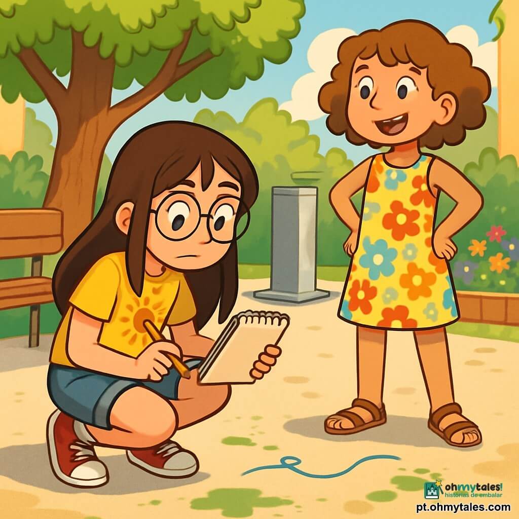 Há 2 personagens principais: Lia, uma menina de 9 anos com longos cabelos castanhos e óculos redondos, vestindo uma camiseta amarela com um desenho de sol e um short de jeans, agachada, segurando um caderno e um lápis, observando atentamente o chão; e Sofia, uma menina de 9 anos com cabelos curtos e cacheados de cor castanho claro, vestindo um vestido florido e sandálias, em pé com as mãos na cintura, olhando ao redor com um sorriso curioso. A cena se passa no pátio da escola, iluminado, com chão de concreto, manchas de tinta verde e bancos de madeira, cercado por árvores com folhas verdes brilhantes e um bebedouro de metal reluzindo ao sol. Ao fundo, há um pequeno jardim com flores coloridas. A situação principal mostra Lia e Sofia investigando, procurando pistas para encontrar uma caixa de sementes desaparecida, examinando o chão e descobrindo manchas de tinta e um fio azul, enquanto trocam ideias com entusiasmo.