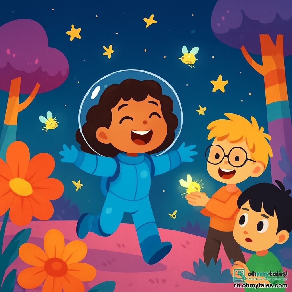 Ana, o tânără exploratoare cu părul brun și creț, poartă o costum de astronaut albastru strălucitor. Are un zâmbet mare de uimire pe față, cu ochii strălucind de bucurie în timp ce dansează sub un cer înstelat. Lângă ea, un băiat de zece ani, cu ochelari rotunzi și păr blond dezordonat, ține o mică creatură luminoasă în mâini. Râde, fascinat de magia universului. Un alt băiat, de nouă ani, cu părul negru și neted, observă cu curiozitate florile uriașe din jurul lor, cu ochii mari de uimire. Locul este o planetă roz, acoperită cu flori gigantice cu petale strălucitoare și copaci mari cu trunchiuri multicolore. Solul este acoperit cu iarbă moale și pufoasă, iar stelele sclipitoare strălucesc deasupra lor, creând o atmosferă de basm. Situația principală arată cum Ana și prietenii ei dansează cu bucurie, înconjurați de creaturi luminoase care zboară în jurul lor, în timp ce descoperă frumusețea acestei planete magice.