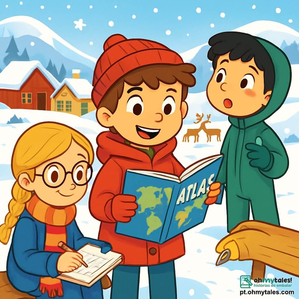 Há 3 personagens: - Lucas: um garoto de 10 anos, com cabelos castanhos bagunçados e olhos curiosos. Ele usa um casaco vermelho vivo e um gorro de lã. Ele está no centro da imagem, segurando um atlas de mapas. - Sofia: uma menina de 9 anos, com longos cabelos loiros trançados e óculos redondos. Ela usa um cachecol colorido e um casaco azul. Ela está sentada em um banco de madeira, desenhando a neve com um caderno e lápis. - Miguel: um garoto de 10 anos, com cabelos negros e bochechas rosadas. Ele usa uma roupa de esqui verde e luvas. Ele está em pé ao lado de Lucas, observando as renas ao longe com um olhar encantado. O cenário é uma charmosa aldeia na Lapônia, cercada por colinas cobertas de neve brilhante sob um céu azul claro. Casas de madeira coloridas, com telhados cobertos de neve, estão espalhadas ao redor. Renas pastam pacificamente em um campo, e flocos de neve caem suavemente, criando uma atmosfera mágica. A situação principal da história mostra Lucas, Sofia e Miguel em plena exploração, em busca de um antigo amuleto sami perdido, com expressões de excitação e determinação em seus rostos.