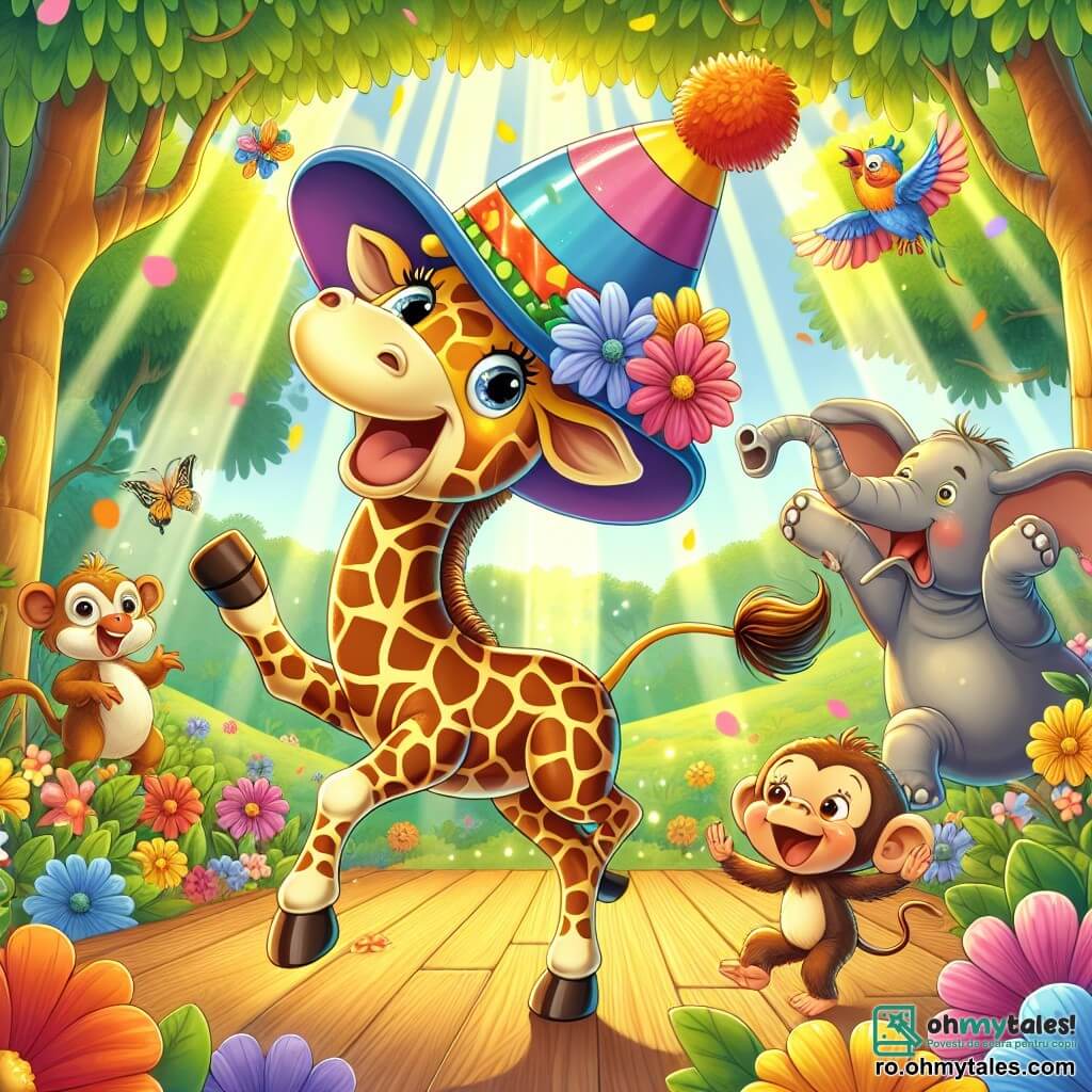 O girafă veselă numită Gigi, cu un gât lung petrecut de galben și brun, dansează cu entuziasm pe un podium din lemn, purtând o pălărie mare și colorată de clovn. Ochii ei mari și strălucitori exprimă bucuria și excitația în timp ce se mișcă cu grație, înconjurată de flori strălucitoare. Lângă ea, Mili, o maimuță mică și jucăușă cu blană brună și ochi jucăuși, face acrobații sărind în jurul lui Gigi, râzând și aplaudând. Mai departe, Titi, un elefant cu corp gri și urechi mari, încearcă să danseze cu mișcări stângace, dar zâmbește larg, arătând că se distrează. Scena se desfășoară într-o junglă vibrantă, plină de copaci verzi luxurianti, flori colorate și animale curioase care privesc cu uimire. Razele de soare străbat frunzișul, iluminând scena cu o lumină aurie. Situația principală arată pe Gigi și prietenii ei într-o competiție de dans, toți distrându-se și celebrând prietenia într-o atmosferă festivă și veselă.