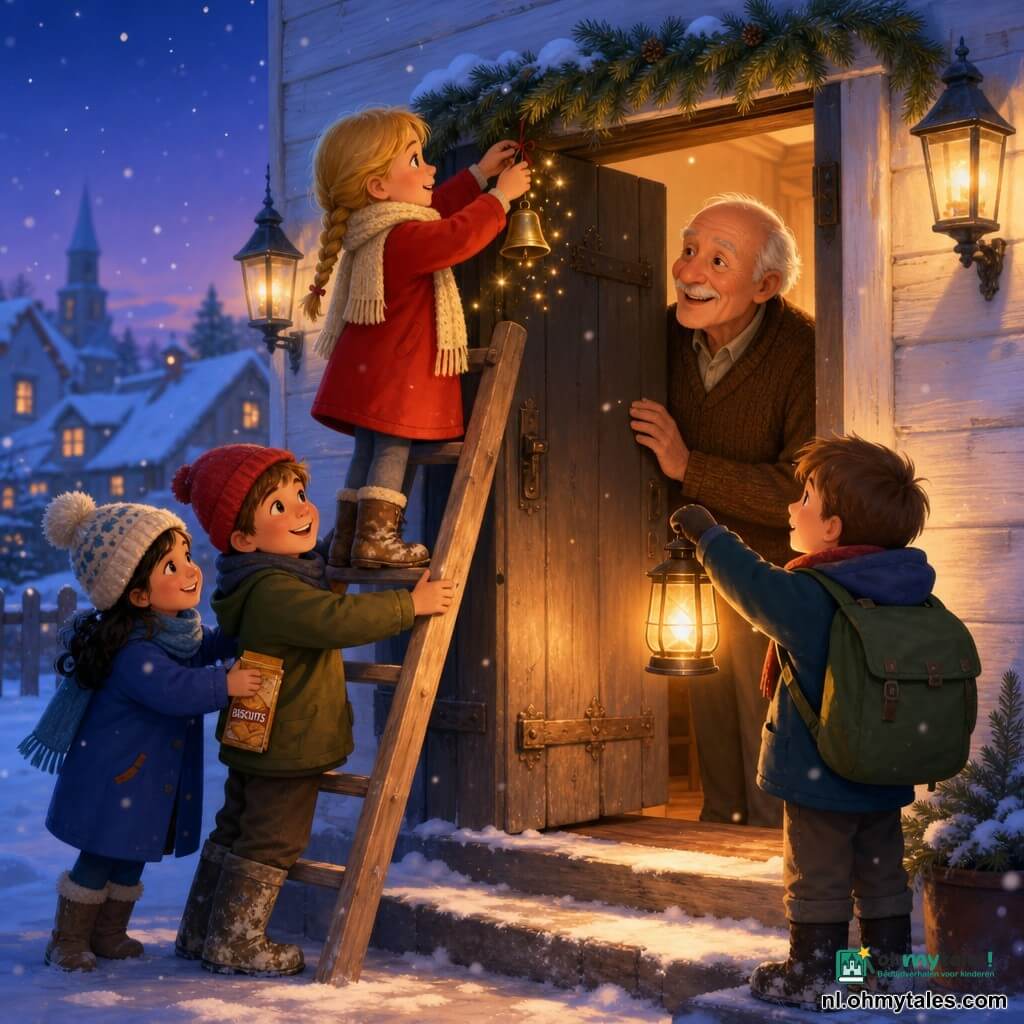 Vijf personages: Lotte (6) blond met vlechten, rood mantel, crèmekleurige wollen sjaal, bovenop een oude houten ladder links en bevestigt een kleine tinnen bel aan de voordeur; Sam (6) bruin kort haar, scheef rood mutsje, modderlaarzen, houdt onderaan de ladder en lacht naar Lotte; Noor (6) zwart haar onder een grote pomponmuts, koningsblauwe jas, duwt licht de ladder achter Sam en heeft een pakje koekjes; Joris (6) kastanjebruin haar, groene rugzak, rechts van de deur met een brandende lantaarn die warme gloed werpt; opa (±70) gerimpeld glimlachend gezicht, bruine wollen trui, opent de donkere eiken voordeur met één hand aan het kozijn. Setting: witgeschilderd houten dorpshuis met donkere eiken deur, roestige scharnieren, besneeuwde drempel, antieke lampen en dennentakguirlandes; zachte vallende sneeuw, schemerblauwe sfeer met gouden lanterngloed. Hoofdtaak: de kinderen hangen de maneschijnbel aan opa’s deur tijdens een sneeuwavond; warme intieme sfeer, contrast warm licht en koude blauwtinten, blije uitdrukkingen en gouden vonkjes rond de bel.