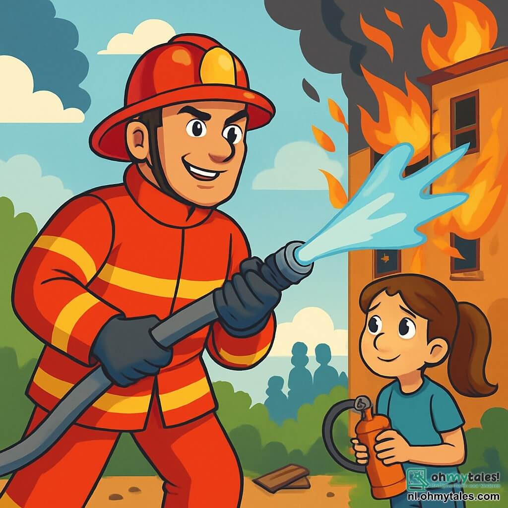 Een sterke en moedige brandweerman in een felrode uniform en een glanzende helm heeft een geconcentreerde en vastberaden uitdrukking op zijn gezicht, met sprankelende ogen vol enthousiasme. Hij houdt een brandslang vast en richt een krachtige waterstraal op een brandend gebouw. Naast hem kijkt een twaalfjarig meisje met bruin haar in een staart bewonderend toe. Ze draagt een blauwe t-shirt en spijkerbroek en houdt een kleine brandblusser vast, klaar om te helpen. De locatie is een brandend appartement met feloranje vlammen die uit de ramen komen en zwarte rook die de blauwe lucht in stijgt. Rondom liggen puin en bezorgde buren houden op afstand de scène in de gaten. De hoofdscène toont de brandweerman in actie, moedig het vuur bestrijdend, terwijl het meisje ervan droomt een heldin zoals hij te worden, wat de teamgeest en moed in het gezicht van gevaar illustreert.