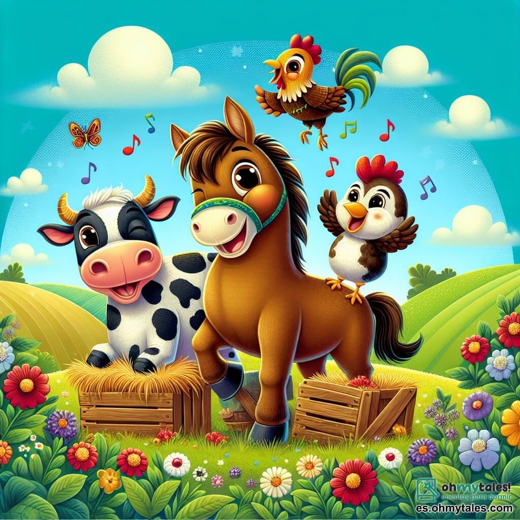 Un caballo llamado Pichón, de color marrón con manchas blancas, se encuentra alegremente en el centro de la imagen, con una gran sonrisa en su rostro y sus ojos brillando de emoción. A su derecha, una vaca llamada Lulú, con pelaje negro y blanco, mira a Pichón con curiosidad, sus orejas erguidas y una pequeña flor en su cuerno. A la izquierda, un gallo llamado Tico, con plumas doradas y rojas, se sostiene orgullosamente sobre una caja de madera, cantando con entusiasmo, con sus alas extendidas. Al fondo, se extiende un hermoso campo verde, salpicado de flores coloridas y un cielo azul brillante, donde flotan suavemente algunas nubes blancas. La situación principal muestra a Pichón y sus amigos reunidos para organizar una gran fiesta, rodeados de deliciosos platos y risas, listos para celebrar juntos bajo el radiante sol.
