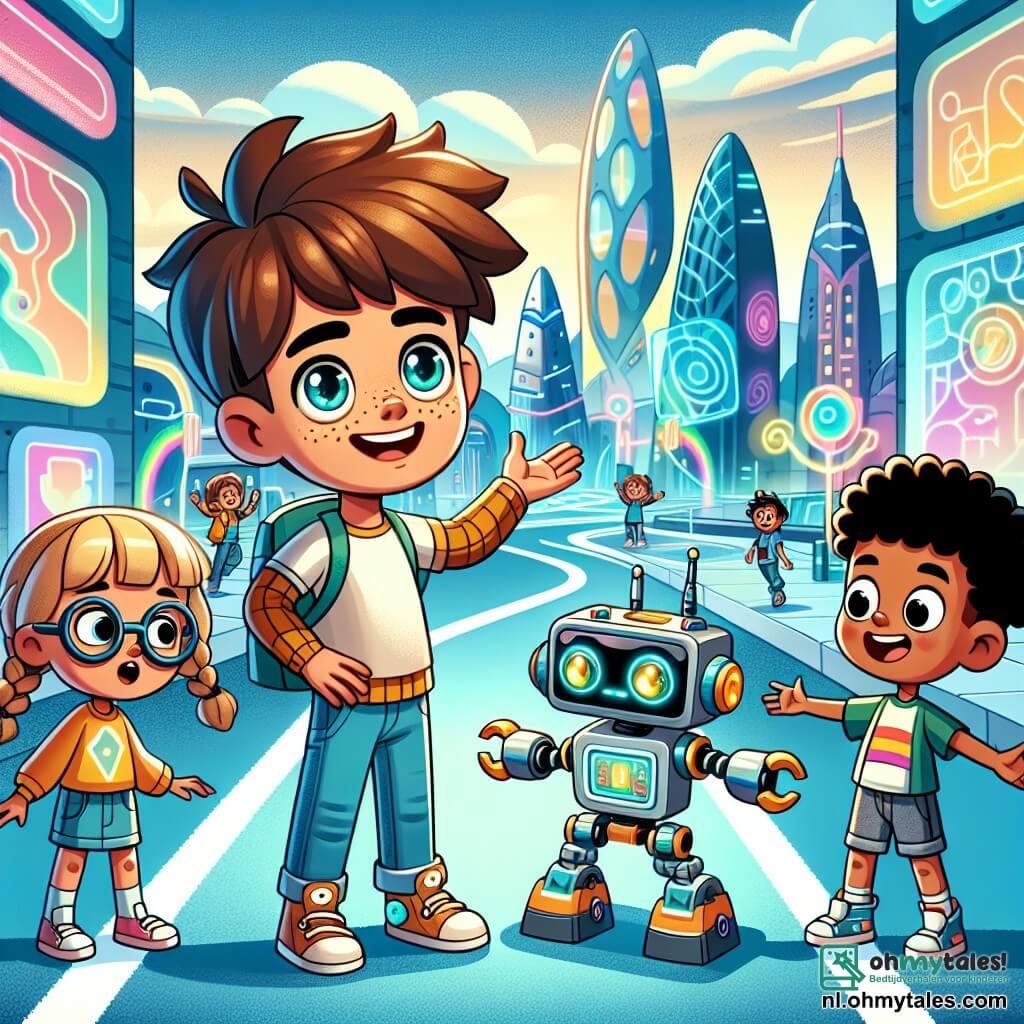 Een 8-jarig jongetje, Max, met rommelig bruin haar en nieuwsgierige ogen, staat in het midden van de afbeelding, enthousiast glimlachend terwijl hij trots zijn robot toont in de futuristische stad Glimlachen. Aan zijn rechterkant staat Sarah, een 8-jarig meisje met ronde brillen en gevlochten blond haar, die aandachtig naar de robot kijkt met haar handen op haar heupen en een bewonderende blik. Aan zijn linkerkant lacht Tom, een 8-jarig jongetje met zwart haar en een kleurrijk t-shirt, vrolijk terwijl hij naar de dansende robot wijst. De achtergrond toont een stralende futuristische stad met golvende, kleurrijke gebouwen die schitteren onder een heldere blauwe lucht. Hologrammen zweven in de lucht en luminescente bomen omringen de drukke straten. De hoofdscène laat Max, Sarah en Tom zien die hun uitvinding, de "Glimlachgenerator", presenteren aan een groep verwonderde kinderen, omringd door vriendelijke robots die hen helpen. De sfeer is vrolijk en vol energie, wat de geest van innovatie en vriendschap in deze magische stad illustreert.