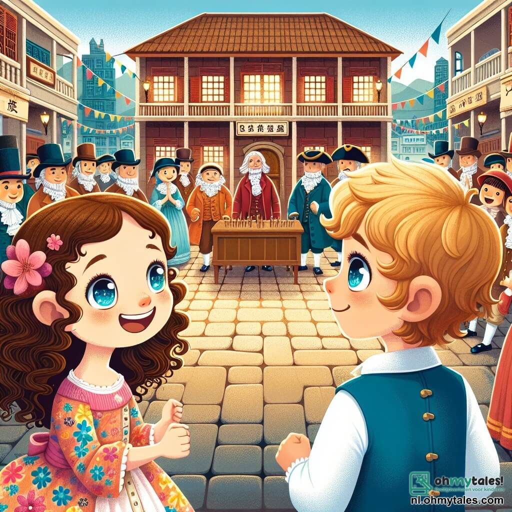 Op de voorgrond staat een 10-jarig meisje, Lisa, met bruin, krullend haar, in een kleurrijke jurk met bloemenpatronen. Ze heeft een grote glimlach op haar gezicht en haar ogen stralen van opwinding terwijl ze naar een groep mensen in historische kostuums kijkt. Naast haar staat een jongen van dezelfde leeftijd, Ben, met blond haar en sprankelende ogen, in een witte blouse en een blauwe vest. Hij wijst naar een oud gebouw en toont zijn enthousiasme voor het evenement dat plaatsvindt. De locatie is een drukke straat in Philadelphia in 1776, met stenen straatstenen, rode bakstenen huizen en wapperende vlaggen. Op de achtergrond staat een groot houten gebouw met kleine ramen, omringd door nieuwsgierigen in tijdperk kostuums. De hoofdscene toont Lisa en Ben, verwonderd, terwijl ze de ondertekening van de Onafhankelijkheidsverklaring bijwonen, met mannen in hoge hoeden en mantels, verzameld rond een grote tafel, met pennen en documenten, klaar om geschiedenis te schrijven.