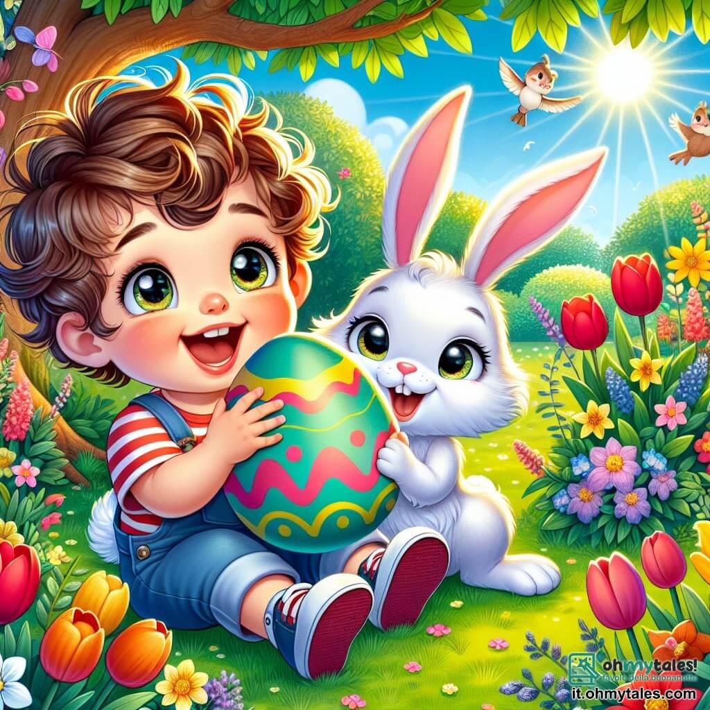 Un bambino di un anno, con grandi occhi brillanti e capelli ricci castani, è seduto in un giardino soleggiato, con un ampio sorriso sul volto, meravigliato da un grande uovo di Pasqua colorato che tiene tra le mani. Accanto a lui, un adorabile coniglietto bianco, con grandi orecchie e un naso rosa, salta gioiosamente, guardando l'uovo con curiosità. Il giardino è pieno di fiori dai colori vivaci, come tulipani rossi e narcisi gialli, e un grande albero frondoso si erge sullo sfondo, offrendo ombra. Gli uccelli cantano tra i rami, aggiungendo un tocco di magia all'atmosfera. La scena principale mostra il bambino e il coniglietto in piena caccia alle uova di Pasqua, Leo guarda intorno con eccitazione, pronto a scoprire altre uova nascoste tra i fiori e i cespugli.