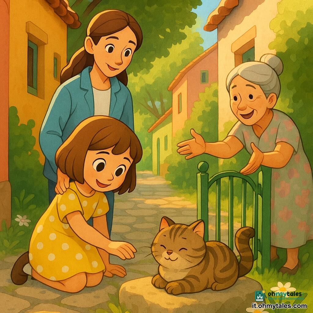 Camilla, bambina di 6 anni timida e gioiosa con capelli castano chiaro a caschetto e occhi grandi, in un vestito giallo a pois bianchi si inginocchia per accarezzare un gattino tigrato; la madre (~32 anni) con capelli castani raccolti in coda e giacca azzurro cielo la tiene per la spalla; la vicina anziana (~70 anni) con capelli grigi raccolti e vestito floreale apre il cancello del giardino e prende il gatto con gratitudine; il gattino è paffuto sul sasso caldo con la coda arrotolata. La scena è in una strada stretta lastricata fiancheggiata da case colorate e alberi a volta, margherite tra i ciottoli e luce mattutina: Camilla aiuta a ritrovare il gatto smarrito vicino a un piccolo cancello metallico verde, la madre veglia, la vicina lo recupera, atmosfera calda e colori intensi.