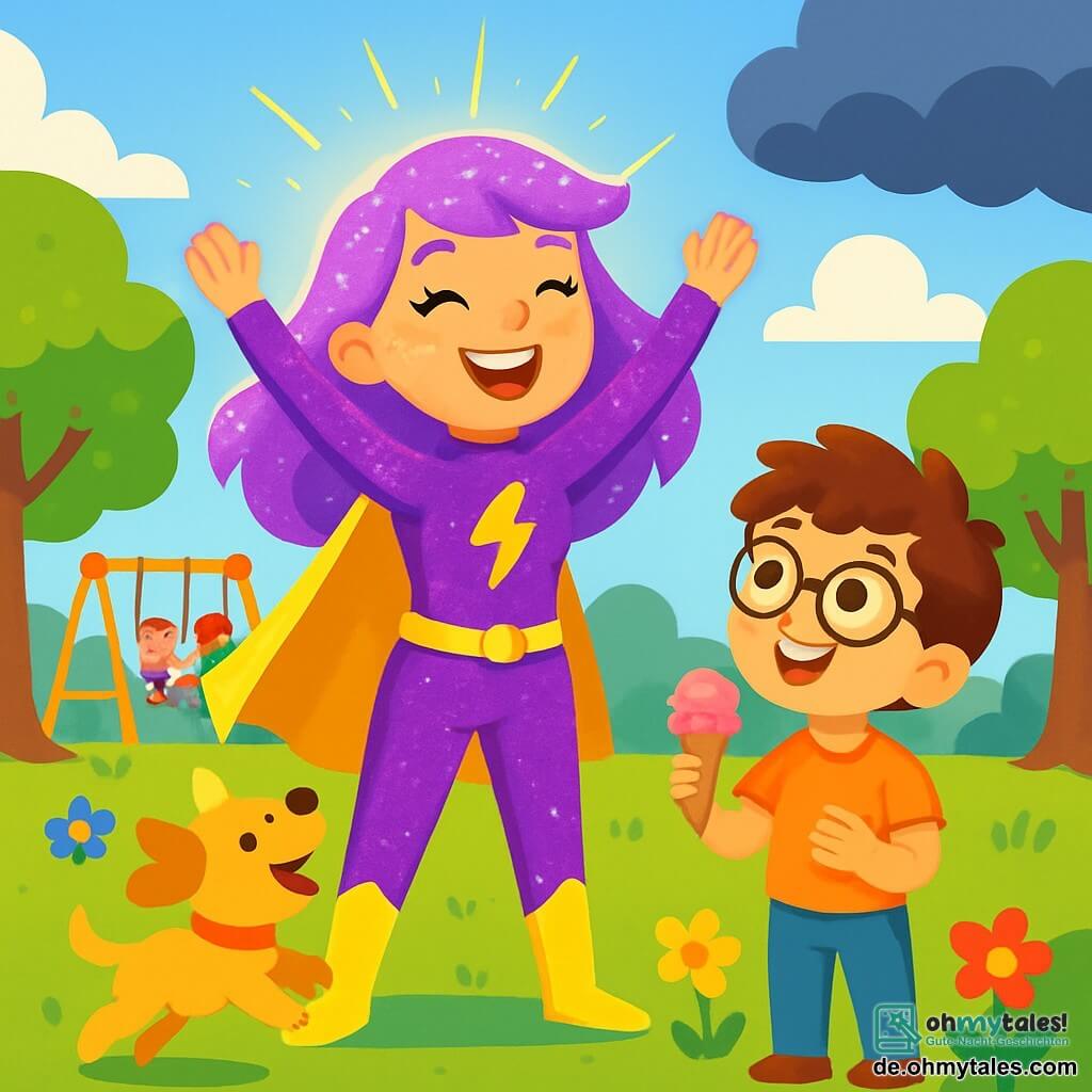 Lila-Blitz, eine Frau mit leuchtend lila Haaren, die in der Sonne glänzen, trägt ein glitzerndes Superheldenkostüm und ein großes, fröhliches Lächeln. Sie steht im Zentrum eines grünen Parks, umgeben von bunten Blumen und majestätischen Bäumen, und hebt begeistert die Arme in die Luft. Neben ihr schaut ein 7-jähriger Junge mit zerzausten braunen Haaren und runden Brillen bewundernd zu Lila-Blitz auf. Er hält ein Erdbeereis und hat strahlende Augen. Ein kleiner Hund mit goldenem Fell, der fröhlich bellt, läuft um sie herum und trägt zur festlichen Stimmung bei. Der Park ist voller Kinderlachen, die auf Schaukeln und Rutschen spielen, während der Himmel blau und mit fluffigen weißen Wolken gesprenkelt ist. Lila-Blitz, glücklich und energiegeladen, lädt alle Kinder ein, sich ihr für einen Tag voller Spiele und Abenteuer anzuschließen, während sie auf die dunklen Wolken am Horizont achtet.
