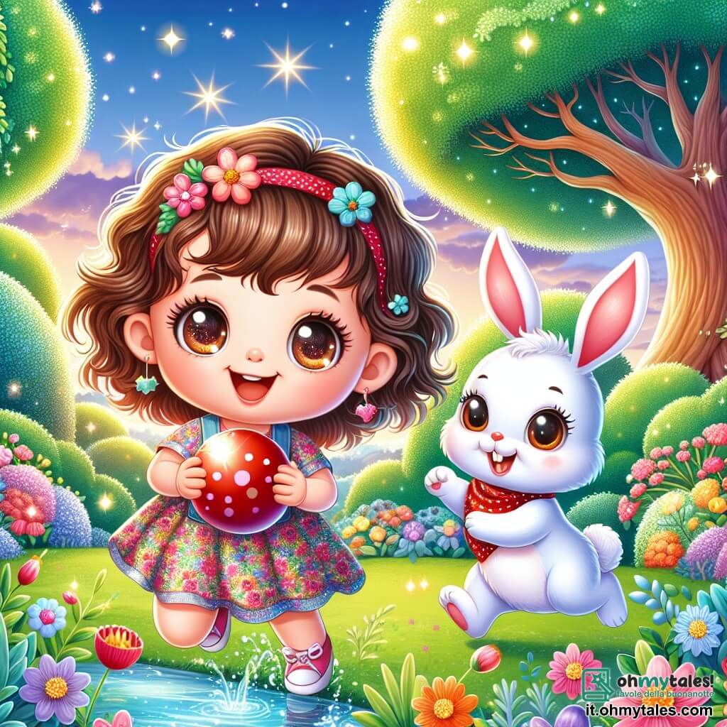 Una bambina di 2 anni, Lila, con grandi occhi brillanti e capelli ricci castani, sorride gioiosamente mentre tiene la sua palla rossa. Indossa un vestito colorato a fiori ed è entusiasta, pronta per l'avventura. Accanto a lei, un adorabile coniglio bianco, con grandi orecchie e un naso rosa, salta allegramente, curioso e amichevole. Lo scenario è un giardino soleggiato, pieno di fiori multicolori, alberi verdi e un piccolo stagno scintillante dove un pesce danzante fa bolle. In fondo, un grande albero maestoso offre ombra e foglie brillanti. La scena principale mostra Lila e il coniglio mentre cercano la palla rossa sotto le foglie dell'albero, con espressioni di determinazione e gioia sui loro volti, circondati dalla bellezza del giardino.