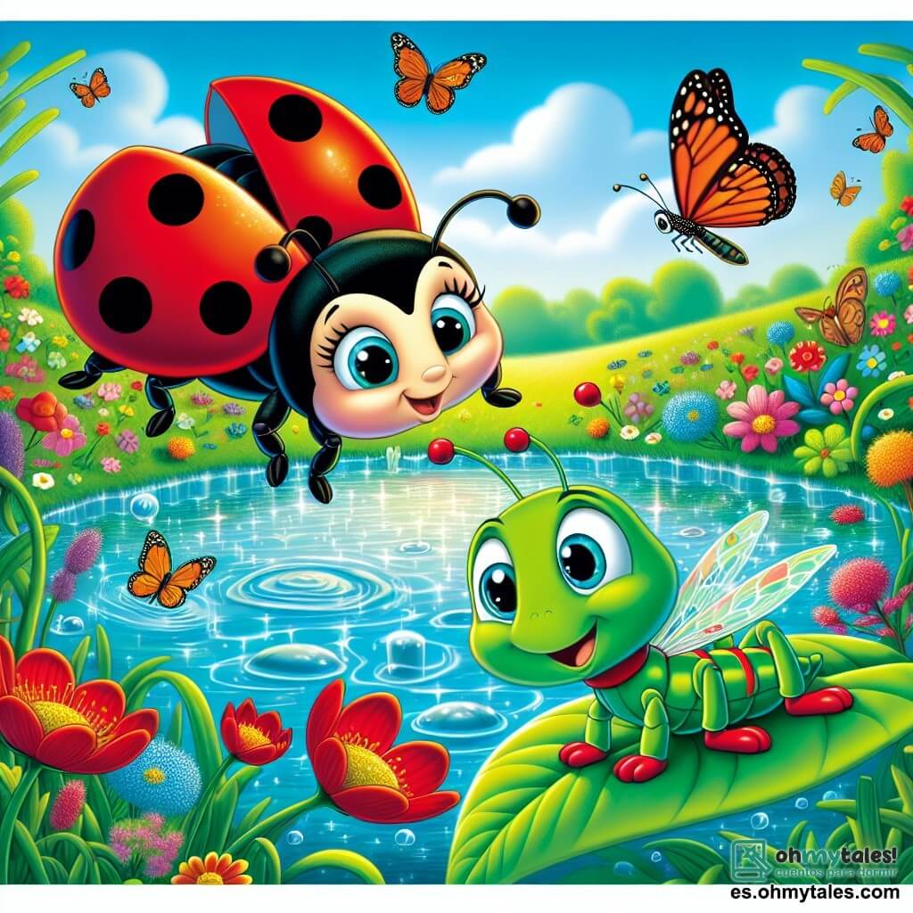Una pequeña mariquita llamada Lila, con un caparazón rojo brillante salpicado de manchas negras, expresa gran alegría y curiosidad mientras vuela graciosamente sobre un lago de cristal brillante. A su lado, un alegre saltamontes llamado Miguel, con largas patas verdes y ojos chispeantes, salta con entusiasmo sobre una hoja, listo para explorar. El decorado es un jardín encantador, lleno de flores coloridas, mariposas revoloteando y un cielo azul brillante, creando una atmósfera mágica. La escena muestra a Lila y Miguel descubriendo el lago, maravillados por su belleza, mientras se preparan para ayudar a un pequeño pez atrapado en una planta acuática.