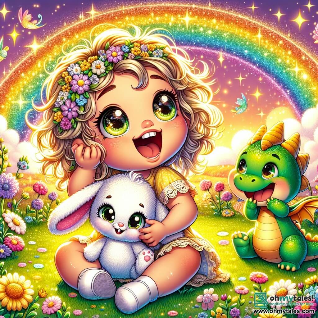 A one-year-old girl named Lila, with sparkling big eyes and curly golden hair, joyfully laughs while holding her plush toy, a rabbit named Mr. Fluff, who has long, soft ears. She sits on the green grass surrounded by colorful flowers, with a big smile on her face, expressing contagious joy. Next to her, a small dragon named Zippy, with shiny green scales and tiny wings, stands laughing as well, his eyes sparkling with mischief. He is slightly larger than a cat and is right beside Lila, ready to help her in her adventures. The setting is an enchanted valley bathed in golden light, with a shimmering stream of bright colors where the water dances and sparkles under the sun. Rainbows appear in the sky, adding a touch of magic to the environment. The main scene shows Lila and Zippy trying to make a rainbow appear, but instead, an upside-down rainbow appears, causing bursts of laughter and a joyful, playful atmosphere.