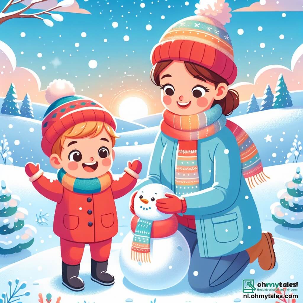 Een jongetje van 1 jaar, met roze wangen en blond haar, staat in de sneeuw met wijdopen ogen van blijdschap. Hij draagt een felrode overall, een wollen muts en zwarte laarzen, en hij steekt zijn armen de lucht in, lachend en zich vermaakend in de sneeuw. Naast hem staat zijn moeder, een vrouw van ongeveer 30 jaar met bruin haar in een knot en een warme glimlach. Ze draagt een blauwe jas en een kleurrijke sjaal en is bezig een sneeuwbal te maken om een sneeuwman te bouwen. De omgeving is een betoverend winterlandschap met met sneeuw bedekte bomen, een heldere blauwe lucht en zacht vallende sneeuwvlokken. In de verte zijn witte heuvels te zien, wat een vredige en vrolijke sfeer creëert. De hoofdscene toont het jongetje en zijn moeder die samen in de sneeuw spelen, lachend terwijl ze een sneeuwman bouwen, en vangt de speelse en warme geest van de winter.