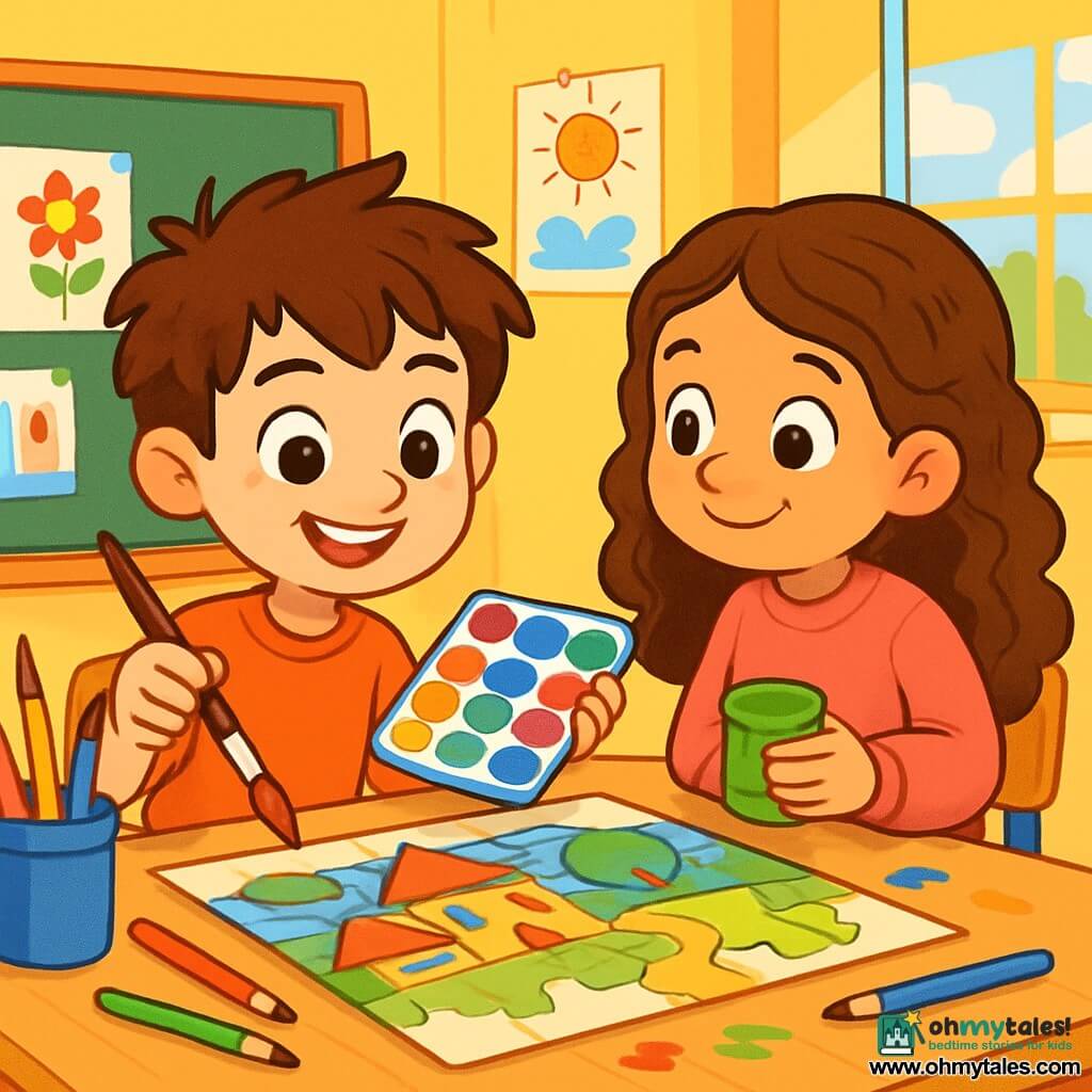 A 6-year-old boy, Sam, with messy brown hair and sparkling curious eyes, is sitting at a small table in a bright classroom. He has a joyful and focused smile, holding a brush in one hand and a colorful paint palette in the other. Next to him, a 6-year-old girl, Maya, with long curly hair, wearing a pink sweater, admires Sam while holding a pot of green paint. The classroom is filled with bright colors: yellow walls, children's drawings on posters, and a large blackboard at the back. Crayons and brushes are scattered on the table, and a large cardboard puzzle depicting a village sits in the center, with colorful pieces waiting to be assembled. The main scene shows Sam and Maya painting together, sharing smiles and creativity, while sunlight filters through the windows, illuminating their joyful and colorful teamwork.