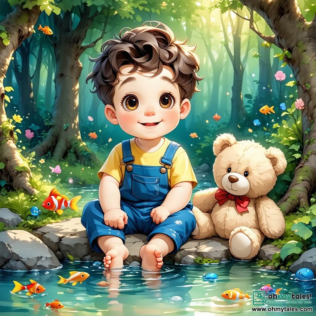 A one-year-old boy named Max, with big curious eyes and curly hair, sits in a secret garden. He wears blue overalls and a yellow t-shirt, and his face radiates joy and wonder as he discovers a small pond filled with colorful fish. Beside him is his loyal friend, a soft and fluffy teddy bear named Benny, who has a friendly smile. Benny is resting on the grass next to Max, seeming to encourage his exploration. The enchanting garden is filled with vibrant flowers in bright colors: red, blue, and yellow. Sunlight filters through the leaves of the trees, creating dancing shadows on the ground. In the center, a small pond sparkles, surrounded by smooth stones and aquatic plants. The main scene shows Max, amazed, pointing at the little fish swimming happily in the water, while Benny appears to listen attentively, as if sharing this magical moment with his friend.