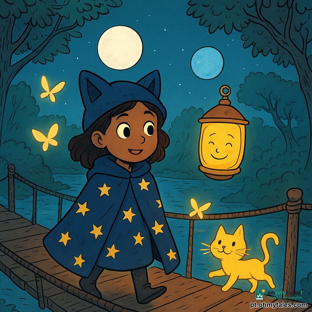Uma jovem aprendiz de feiticeira, Mia, de 10 anos, está em uma misteriosa "Ponte das Duas Faces". Ela usa um manto estrelado e um gorro com orelhas de gato, seu rosto expressa uma curiosidade deslumbrada. Ao lado dela, uma lanterna mágica flutuando no ar, emitindo uma luz calorosa e sorridente, paira à sua altura. A cena acontece em uma passarela de madeira suspensa sobre um rio cintilante, refletindo duas luas, uma branca e outra azul. Ao redor de Mia, criaturas luminosas como borboletas de papel e um gato com bigodes de lã dançam alegremente. A atmosfera é encantada, com árvores de formas fantásticas margeando o rio, seus galhos se curvando como se ouvissem os segredos da noite.
