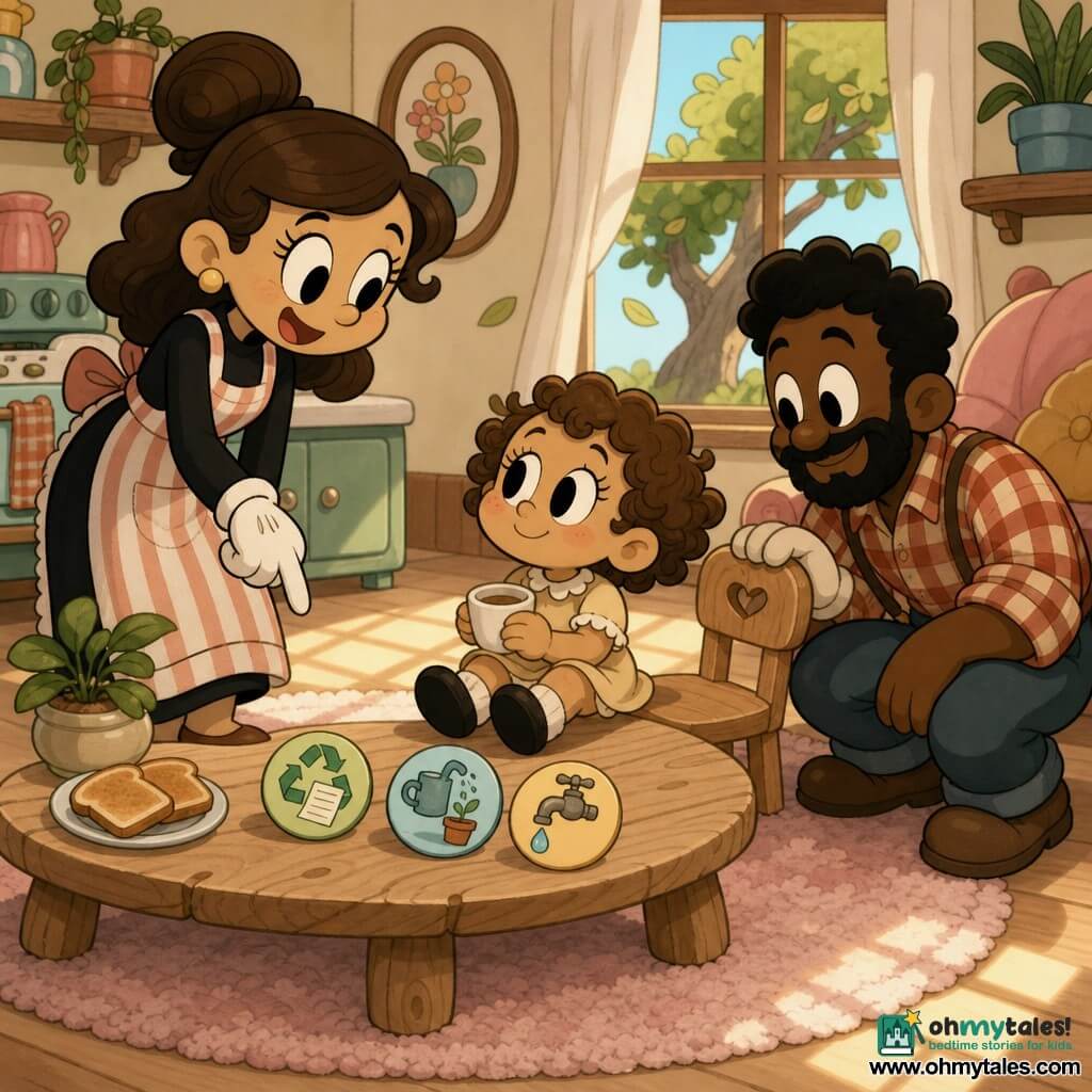A 2-year-old girl with a proud gentle expression, round cheeks and short light-brown curls holds a small white cup with both hands on a fluffy rug, looking toward her parents; the mother (~30) with a warm smile, hair in a bun and a striped apron stands left, pointing at three small colorful icons on the coffee table, while the father (~32) with a light beard and plaid shirt crouches right, hand on a small chair back, watching kindly; bright kitchen-living room with light wood floor, pale pink round rug, raw wood coffee table, morning light on the floor, a window showing a small leafy tree, a plate of toast and a potted plant on the table; the toddler chooses one of three small tasks on the table (recycle a paper, water a plant, turn off a faucet), calm tender scene in pastel colors with rounded shapes, composition centered on the child and her parents.