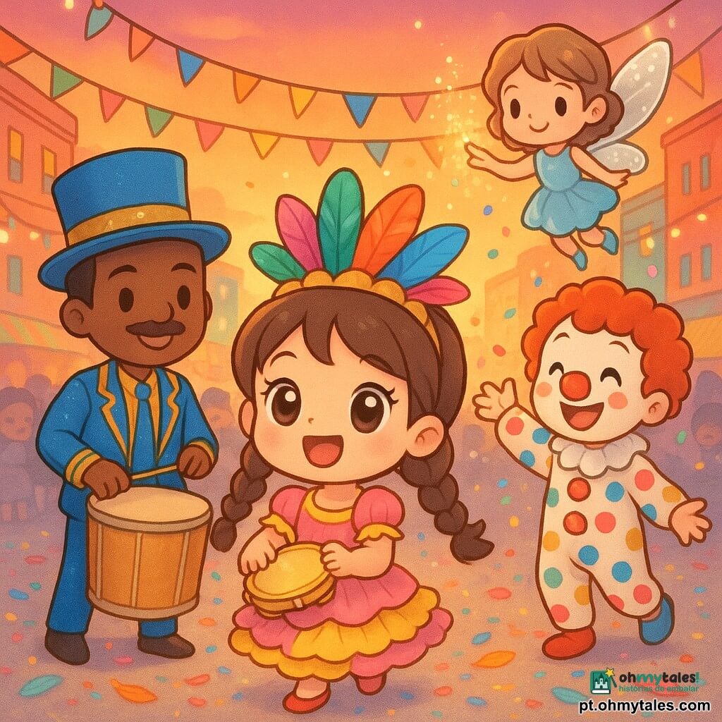 Menina de 10 anos, alegre e radiante, olhos brilhantes, cabelos castanhos em duas tranças, chapéu com penas coloridas, vestido rosa e amarelo com babados, segurando um tamborim dourado e sorrindo; atrás dela, um Mestre do Samba adulto com traje azul e dourado e bigode fino toca um grande surdo; ao lado, um palhaço adulto com maquiagem vermelha, nariz redondo e roupa de bolinhas lança confetes; uma fada jovem com asas prateadas translúcidas voa sobre o grupo espalhando brilhos; cenário: grande avenida de carnaval ao pôr do sol, prédios coloridos, luzes e bandeirolas, plateia estilizada chibi ao fundo, chão coberto de confetes e penas; cena principal: a menina lidera o ritmo no centro de um cortejo festivo, tamborim em ação, confetes rodopiando, luzes quentes e atmosfera mágica.