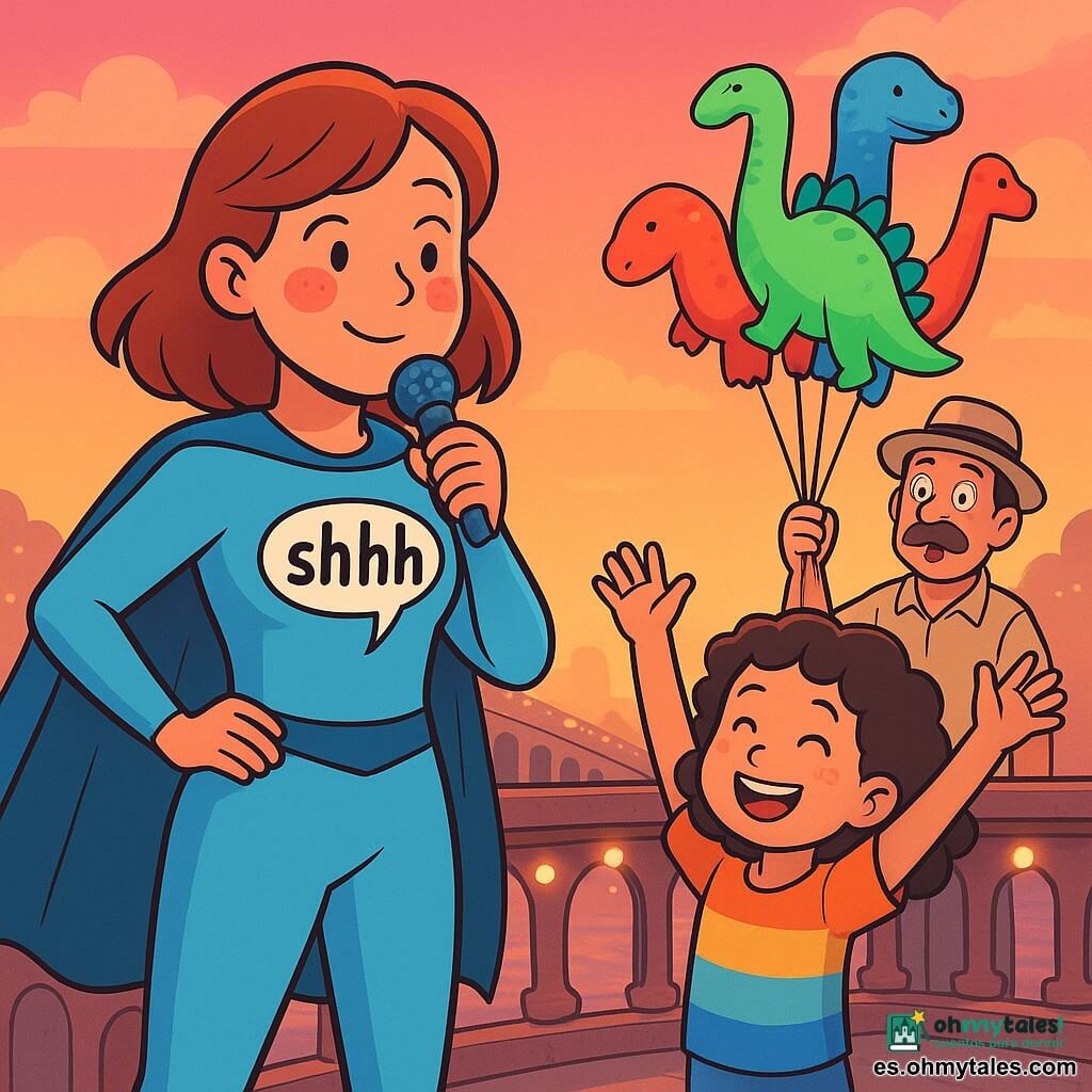 Susurrella, una mujer heroica, se encuentra en el Puente de los Suspiros Modernos, con una sonrisa tímida y mejillas rojas como tomates. Lleva un traje azul claro con un dibujo de cómic que dice "shhh" en el pecho y sostiene un micrófono de juguete en la mano. A su lado, una niña de unos 8 años, con cabello rizado y una camiseta colorida, levanta los brazos sonriendo, animando a la multitud a aplaudir. Al fondo, un vendedor de globos, un hombre de unos cincuenta años con bigote y sombrero, sostiene un ramo de globos en forma de dinosaurios, con ojos desorbitados de asombro. El puente está decorado con luces brillantes y el cielo tiene tonos rosados y naranjas al atardecer, creando un ambiente cálido y alegre. La escena principal muestra a Susurrella usando su superpoder de susurro para calmar una máquina ruidosa, mientras la multitud, fascinada, aplaude y sonríe, creando una atmósfera de magia y camaradería.