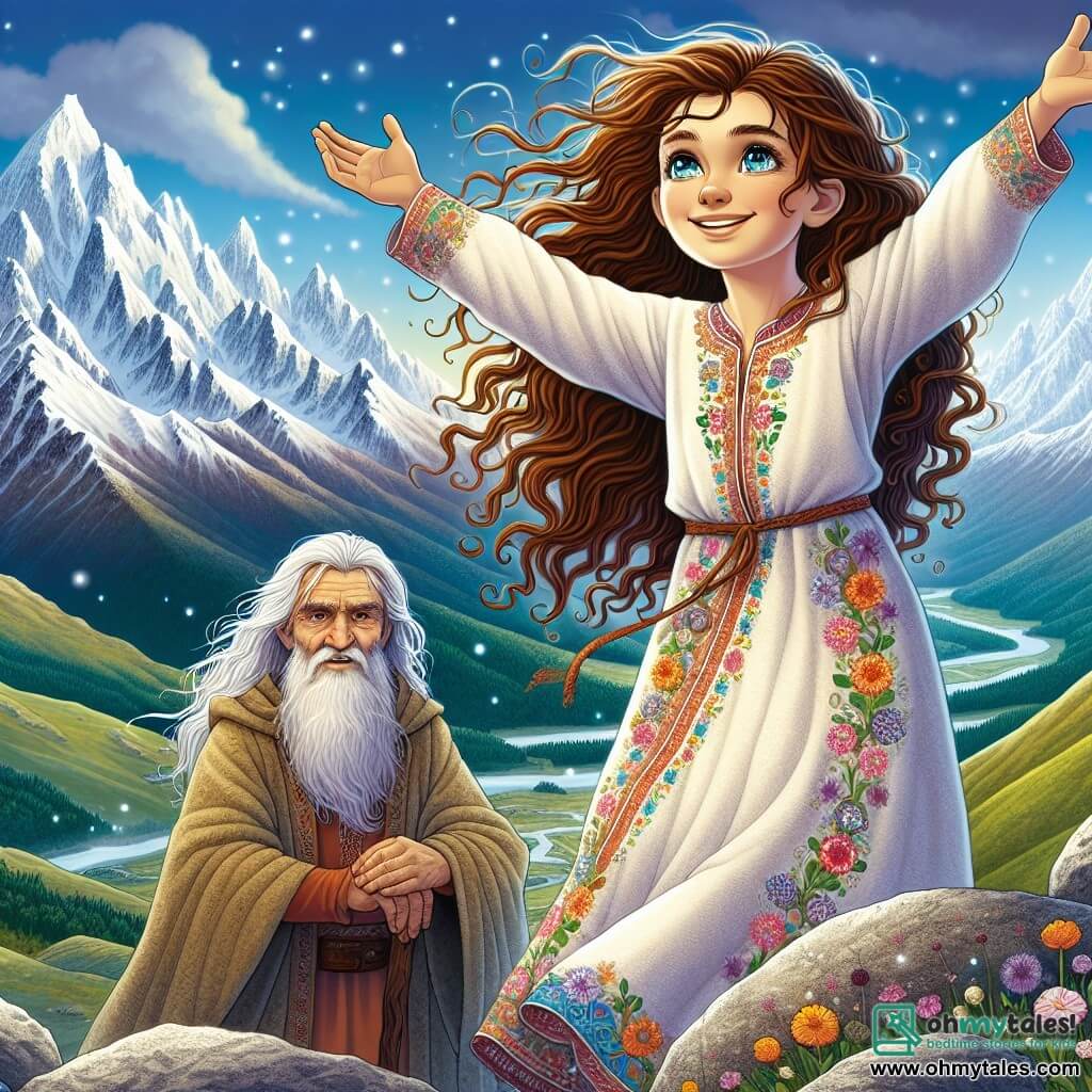 In the center of the image, a 12-year-old girl, Elara, stands on top of a mountain, her face radiating pride and excitement. She has long, curly chestnut hair blowing in the wind and wears a light tunic in bright colors adorned with floral patterns. Her eyes shine with determination as she raises her arms to the sky, celebrating her victory. Next to her, a wise old man, the Guardian of the Mountain, sits on a rock. He is about 60 years old, with a long gray beard and piercing eyes. He wears a robe made of natural fabric, and his kind smile shows he admires Elara. He is slightly in the background, observing the scene with pride. The surrounding landscape is majestic: snow-capped peaks rise on the horizon, while fluffy clouds float around them. Below, a lush valley stretches out, dotted with colorful flowers and sparkling rivers. The sky is a brilliant blue, with a few white clouds. The main situation of the story shows Elara, after a long journey of discovery, celebrating her triumph at the mountain's summit, surrounded by the beauty of nature, ready to share the lessons she has learned about the power of choices and wisdom.