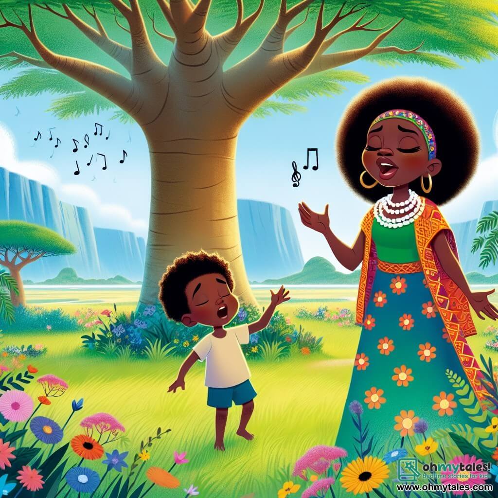 A woman named Nala stands under a large baobab tree, her face radiating wisdom and kindness. She wears a colorful dress adorned with African patterns, and her beaded necklace sparkles in the sun. Nala sings passionately, her arms open to the sky, expressing hope and determination. Beside her, an 8-year-old boy named Kito admires her. He has curly hair and wears a simple t-shirt and shorts, holding a small branch like a microphone, ready to sing along. The setting is a beautiful green clearing surrounded by majestic trees and vibrant flowers. The soft grass covers the ground, and a gentle breeze makes the leaves dance. The main scene shows Nala and Kito singing together to summon water from the dried-up river, their voices rising into the air as clouds begin to form above them, promising rain.
