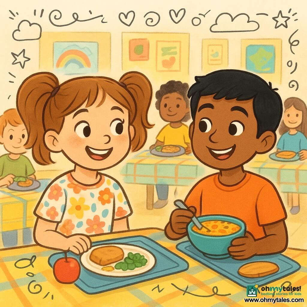 An 8-year-old girl named Lily sits at a cafeteria table, her face beaming with curiosity and joy. She has light brown hair tied in two ponytails and wears a colorful t-shirt with floral patterns. Next to her, an 8-year-old boy, Ravi, of Indian descent, with black hair and sparkling eyes, smiles while holding a bowl of brightly colored dhal. They are surrounded by several other children, each with various dishes in front of them, representing different cultures. The scene takes place in a bright and cheerful classroom, with colorful posters on the walls and tables decorated with multicolored tablecloths. The atmosphere is warm and welcoming, filled with laughter and lively discussions.