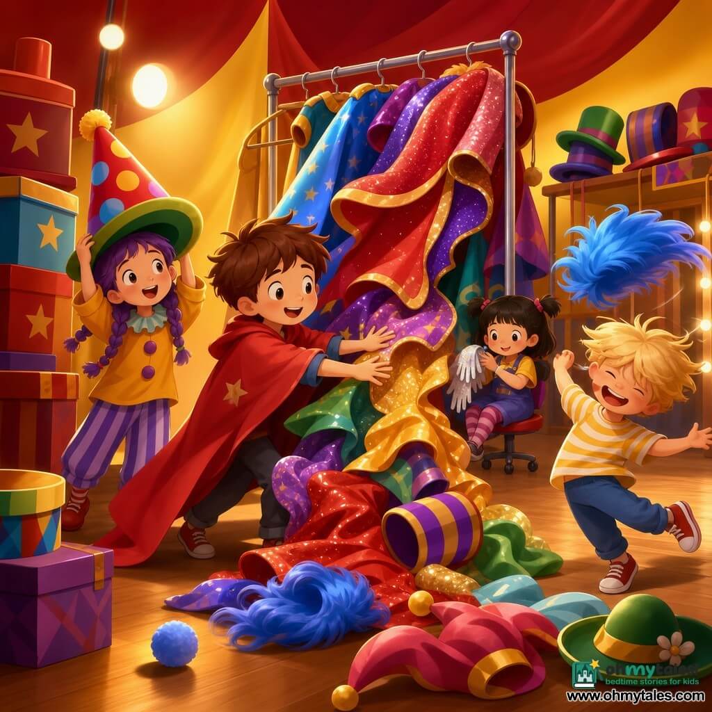 Four children: Milo, ~8, tousled brown hair, oversized red cape, center gently pushing a pile of costumes; Zadie, 7, purple braids, crooked clown hat, left lifting the squeaky hat; Ben, 8, blond, blue wig over his eyes, right spinning as the wig flies; Lila, 6, black pigtails, seated on a small wheeled chair near the costume rack holding glittery gloves and watching costumes fall. Backstage of a large red-and-yellow circus tent with worn wooden floor, stacked costume boxes, an overflowing metal rack of sparkly capes and colorful hats, warm light and round spotlights. Main action: a gentle avalanche of capes, striped hats and a rolling blue wig sliding from a rack as the children work together to gather the clothes, amused and surprised expressions, movement to the right and drifting glitter.