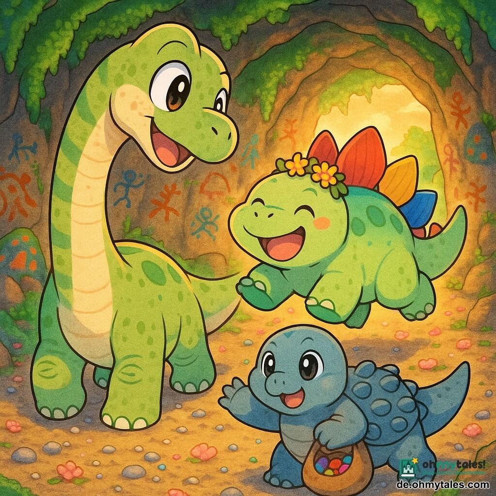 Der junge Diplodocus Lino ist sehr groß mit runden glänzenden Augen, einem lang gestreiften beige-grünen Hals, leicht gesprenkelter Haut und einem glücklichen, erleichterten Ausdruck; er geht langsam und streckt den Hals zu seinem Freund, dem stämmigen, rundlichen Stegosaurier Momo, hellgrün mit rot-blau-gelben Rückenplatten, der breit lächelt, eine kleine Blumenkrone auf dem Rücken trägt und aus dem Schatten der Höhle hüpft; daneben steht die kleine, stämmige Ankylosaurier-Künstlerin Rola mit grau-blauen Panzerplatten und einer Tasche voller bemalter Steine, die sie stolz zeigt. Die Szene spielt in einer großen, moosig-leuchtenden Höhle mit bunten Steinmotiven an den Wänden, funkelndem Kies und abgefallenen Blütenblättern auf dem Boden, warmem, dämmerungsähnlichem Licht; Stimmung: fröhliches Wiedersehen der Freunde, Lino rührend, Momo lachend, Rola stolz auf ihre Werke. Grafischer Stil: weiche Manga-Linien, übergroße ausdrucksvolle Augen, gesättigte Pastellfarben, klare Kontraste und detaillierte Haut- und Steintexturen.