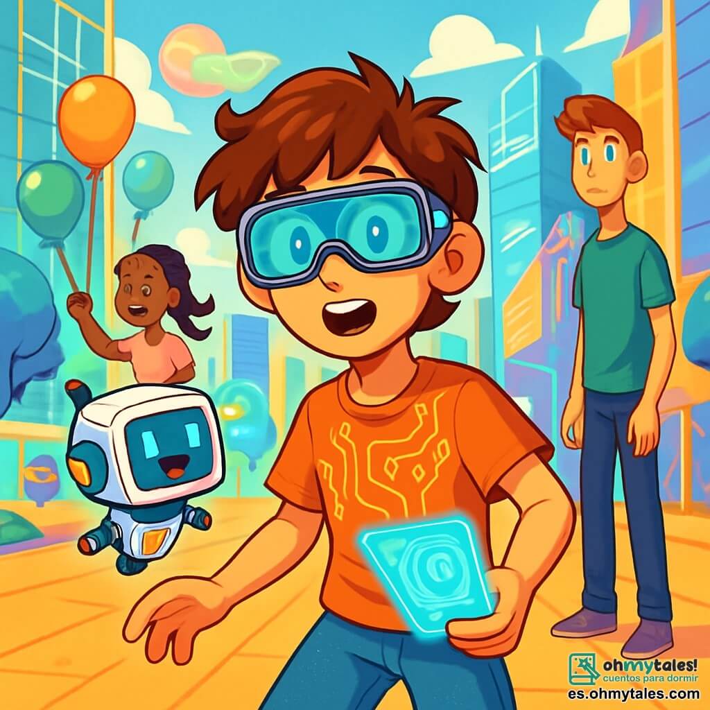 Un chico de 12 años, Leo, con cabello castaño desordenado y gafas futuristas, mira con ojos desorbitados y una expresión de curiosidad y emoción. Lleva una camiseta con patrones de circuitos y un pantalón de tela brillante. A su lado, su dron mascota Pixel, un pequeño robot en forma de cubo con luces intermitentes, revolotea alegremente a su alrededor. Al fondo, un grupo de niños, incluida una niña de 11 años con trenzas y una sonrisa traviesa, juega con globos antigravedad, mientras un chico de 13 años, alto y delgado, observa a Leo con curiosidad. Están en el animado barrio de Nubealta, donde los edificios de vidrio brillan bajo el sol y hologramas coloridos flotan en el aire. La escena se desarrolla en una calle futurista, bordeada de rascacielos de fachadas cambiantes, con árboles luminosos y vehículos flotantes que se deslizan silenciosamente sobre el suelo. Leo, decidido, sostiene un dispositivo holográfico en su mano, listo para descifrar el mensaje misterioso que podría revelar el secreto de Neónix.