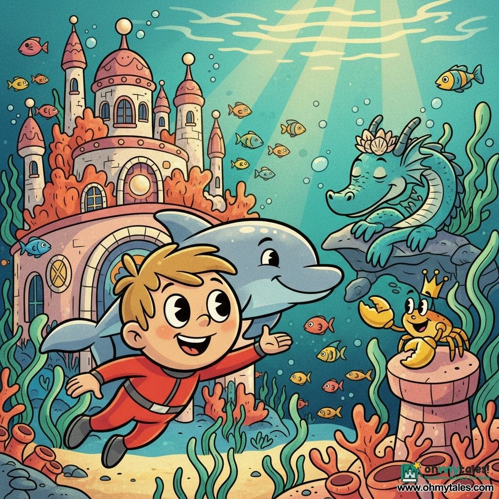 An 8-year-old boy with a round face and tousled light brown hair, wide bright eyes and a smiling, amazed expression, wearing a small red wetsuit, floats in the foreground reaching toward the city; a smooth, smiling bluish-gray, pearlescent dolphin named Luna arches protectively beside him; a medium-sized sea dragon with blue-green fringing and a shell crown sleeps among seaweed in the background with its head on a rock; a small, jovial crowned crab with a shiny gold claw sits on a coral pillar to the right watching the boy kindly; the setting is an underwater city of pink and orange coral towers, mother-of-pearl arches, pearl windows and schools of multicolored fish forming bold patterns, with golden sunbeams piercing the water; mood: warm, magical wonder with saturated colors, smooth rounded textures and clear, child-friendly composition; graphic style: thick outlines and soft curves, exaggerated friendly expressions, vivid palette (turquoise, coral, gold, pink) and soft retro-animation grain.
