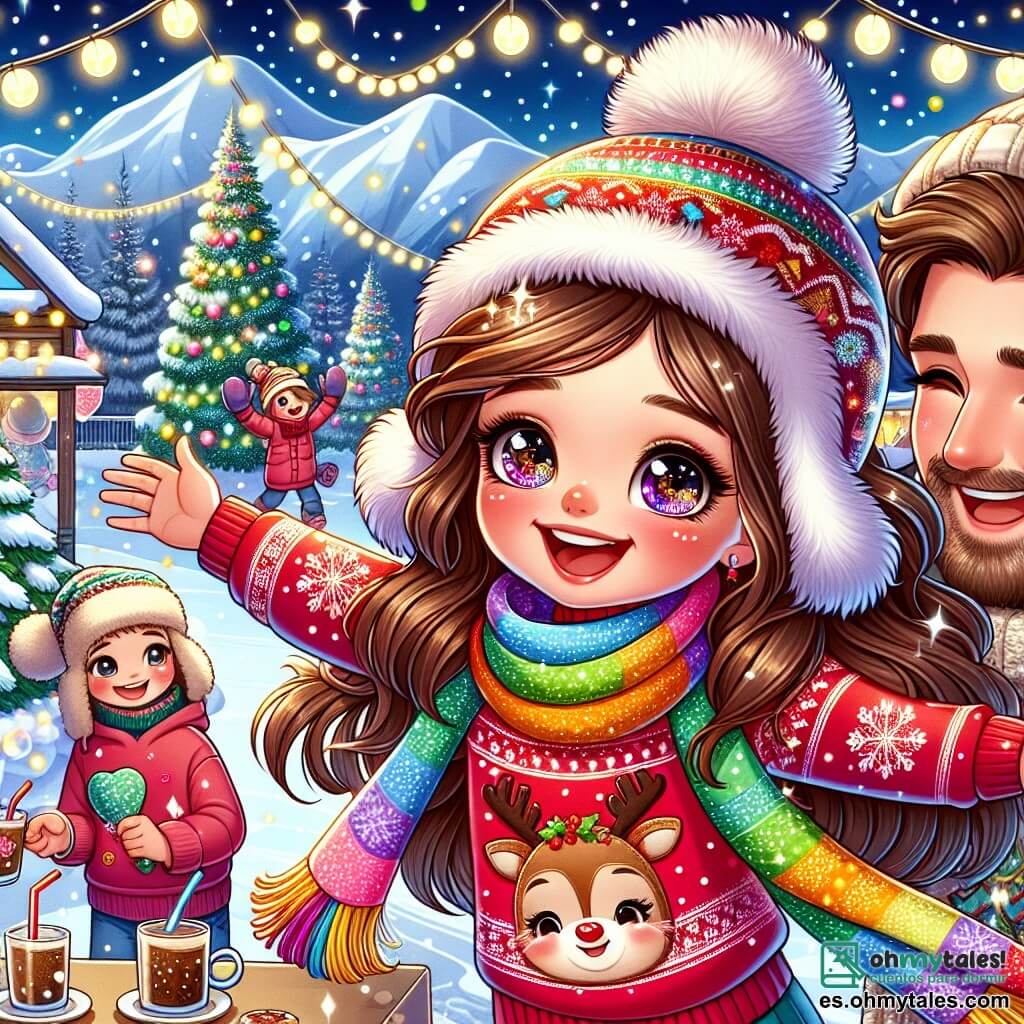 Una niña de 8 años, Luna, con largos cabellos castaños y ojos brillantes de alegría, lleva un suéter rojo con un reno y una bufanda multicolor que danza a su alrededor. Sonríe con asombro, sosteniendo un gran sombrero de nieve decorado con copos de fieltro, lista para mostrárselo a su familia. A su lado, su papá, un hombre de unos treinta años con barba suave y un gorro de lana, la anima con una gran sonrisa, mientras que su mamá, una mujer sonriente con cabello castaño, prepara vasos de chocolate caliente a unos pasos, rodeada de guirnaldas luminosas. La escena se desarrolla en una estación de esquí animada, con montañas blancas de fondo, niños jugando en la nieve, árboles decorados y luces centelleantes que iluminan la atmósfera festiva. En el centro de la imagen, Luna se muestra alegre, lista para lanzar confeti para celebrar el Año Nuevo, rodeada de un paisaje invernal mágico y colorido.