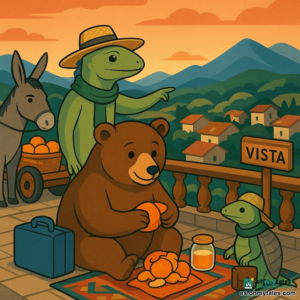 Berto, un gran oso pardo de pelaje suave y ojos redondos, sonriente y sereno, está sentado en un murete de piedra pelando una naranja, con su maletín azul y un pequeño frasco de vidrio con un leve halo dorado a su lado; una iguana guía con sombrero de paja trenzada y bufanda verde, calmada y atenta, se mantiene detrás señalando el paisaje; un burro robusto gris claro, paciente, está atado a una pequeña camioneta de madera cargada de sacos y cestas de fruta; un armadillo de caparazón brillante y sonrisa discreta espera junto a un cartel que dice “Vista” sosteniendo una pequeña maleta de cuero; el mirador es una terraza de piedra con barandilla de madera tallada, alfombras coloridas y textiles bordados, con vistas a tejados rojos, colinas verdes y montañas azules bajo un cielo de atardecer anaranjado y rosado; la escena muestra seis amigos compartiendo un merienda tranquila con naranjas sobre una servilleta estampada y cáscaras guardadas en una bolsa de tela, en una atmósfera cálida, ordenada y de colores saturados con formas geométricas estilizadas propias del art déco.