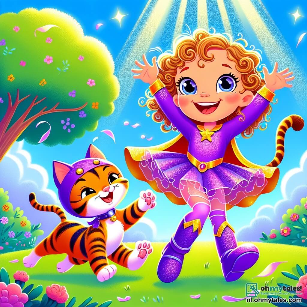Lotte, een jong meisje met krullend, goudkleurig haar, draagt een glinsterend paarse superheldenoutfit. Ze heeft een grote blije glimlach en sprankelende ogen van opwinding. Ze danst enthousiast met haar armen omhoog naar de lucht. Naast haar maakt Minoes, een schattige gestreepte kitten, pirouettes met een ondeugende uitdrukking op haar gezicht. Ze zit vol energie en lijkt klaar om plezier te maken. De setting is een zonnig park met groene bomen die zachtjes in de wind bewegen, kleurrijke bloemen die om hen heen bloeien, en een stralende blauwe lucht met enkele pluizige witte wolken. De belangrijkste situatie toont Lotte en Minoes die samen dansen, omringd door lachen en vreugde, terwijl een grote boom naast hen begint te trillen en te bewegen, alsof hij wordt meegesleept door hun aanstekelijke energie.