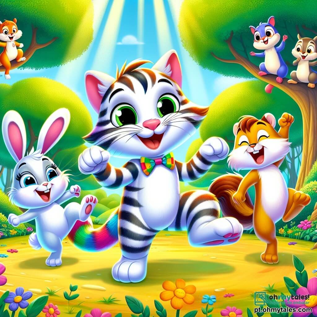 Um gato chamado Miau, com pelagem listrada de cores vibrantes e olhos cheios de curiosidade, dança alegremente no centro de uma clareira ensolarada, com um grande sorriso no rosto. Ao seu lado, uma coelhinha chamada Lili, com grandes orelhas e pelagem branca, pula em ritmo, cheia de energia e alegria. Um esquilo chamado Quico, com uma cauda peluda e olhos travessos, está em um galho de árvore, aplaudindo e incentivando seus amigos a dançar. A clareira é cercada por árvores majestosas com folhas verdes brilhantes, e flores coloridas enfeitam o chão, criando uma atmosfera festiva e encantada. Miau e seus amigos participam de um concurso de dança, rindo e se divertindo juntos, celebrando a amizade em um momento de pura felicidade.