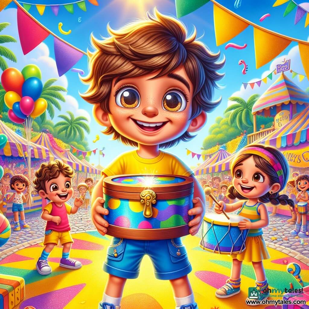 An 8-year-old boy, Milo, with messy brown hair and sparkling curious eyes, holds a shiny wooden box with an enthusiastic smile. He wears a bright yellow t-shirt and blue shorts, standing in the center of the scene, surrounded by vibrant colors. Next to him, Rosa, a 7-year-old girl with braided hair and a colorful headband, joyfully taps on her drum, adding a musical touch to the festive atmosphere. In the background, the Sunberry Island carnival stretches out, with colorful balloons floating in the sky, paper flags dancing in the wind, and a large palm tree shading a seahorse-shaped fountain. The scene is filled with laughter and joy as Milo and Rosa prepare to set up a suggestion box amidst the festivities, surrounded by smiling people and a bright party atmosphere.