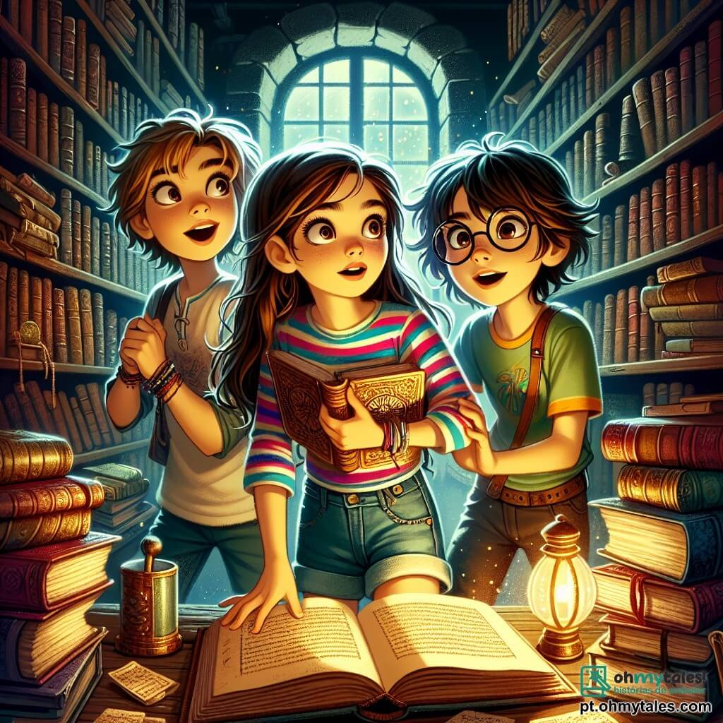 Clara, uma menina de 12 anos, tem cabelos longos e castanhos e olhos cheios de curiosidade. Ela usa uma camiseta listrada colorida e um short jeans, com um olhar maravilhado e determinado enquanto segura um velho livro. Ao seu lado, Leo, um garoto de 12 anos com cabelos loiros bagunçados e óculos redondos, observa com empolgação o livro que Clara encontrou, seus olhos brilhando de antecipação. Sofia, uma menina de 12 anos com cabelos cacheados e um sorriso alegre, se inclina para examinar um velho caderno na mesa, seu rosto iluminado pela descoberta. A cena acontece em uma pequena sala secreta da biblioteca, cheia de livros antigos com capas desgastadas e poeira flutuando no ar. Estantes de madeira escura se elevam até o teto, e uma luz suave filtra por uma janela empoeirada, criando uma atmosfera misteriosa e mágica. Clara, Leo e Sofia estão explorando, descobrindo pistas sobre um antigo mistério, com expressões de surpresa e excitação em seus rostos, enquanto se aproximam da descoberta do Cristal do Tempo.