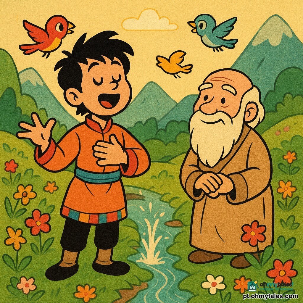 Um jovem chamado Tsering, com cabelos negros despenteados e olhos brilhantes, canta com uma expressão de determinação e suavidade no rosto. Ele está vestido com uma túnica tradicional colorida e se encontra perto de um riacho nascente. Ao lado dele, um homem idoso, com rosto sereno e barba longa, observa com um sorriso benevolente; é o velho Artesão das Mil Luzes. Eles estão em um vale florido, cercado por montanhas verdejantes e flores multicoloridas. A cena principal mostra o riacho que brota do solo, cintilando sob o sol, enquanto pássaros coloridos voam alegremente ao redor.