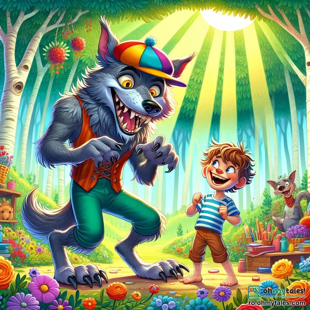Un lup-gâră numit Lupin, cu blana gri și ochi strălucitori de năzdrăvănie, stă în centrul scenei, zâmbind larg purtând o pălărie colorată care îi dă un aer comic. Pare vesel și puțin stângaci, cu o labă ridicată ca și cum s-ar pregăti să facă un pas de dans. Lângă el, Radu, un băiat de 8 ani cu părul creț și ochi strălucitori de curiozitate, se uită la Lupin cu un zâmbet mare. Poartă un tricou cu dungi și pantaloni scurți, râzând cu brațele încrucișate pe piept, într-o postură prietenoasă. În fundal, o pădure fermecată se întinde, plină de copaci cu trunchiuri colorate și flori dansatoare care par să se miște în ritmul unei brize blânde. Razele soarelui filtrează prin frunziș, creând o atmosferă magică și caldă. Situația principală arată cum Lupin și Radu împărtășesc un moment de bucurie, cu prăjituri colorate așezate pe o masă la picioarele lor. Sunt înconjurați de creaturi fantastice, cum ar fi un iepuraș cu urechi mari și o țestoasă zâmbitoare, toți râzând împreună, ilustrarea spiritului de prietenie și aventură care îi unește.